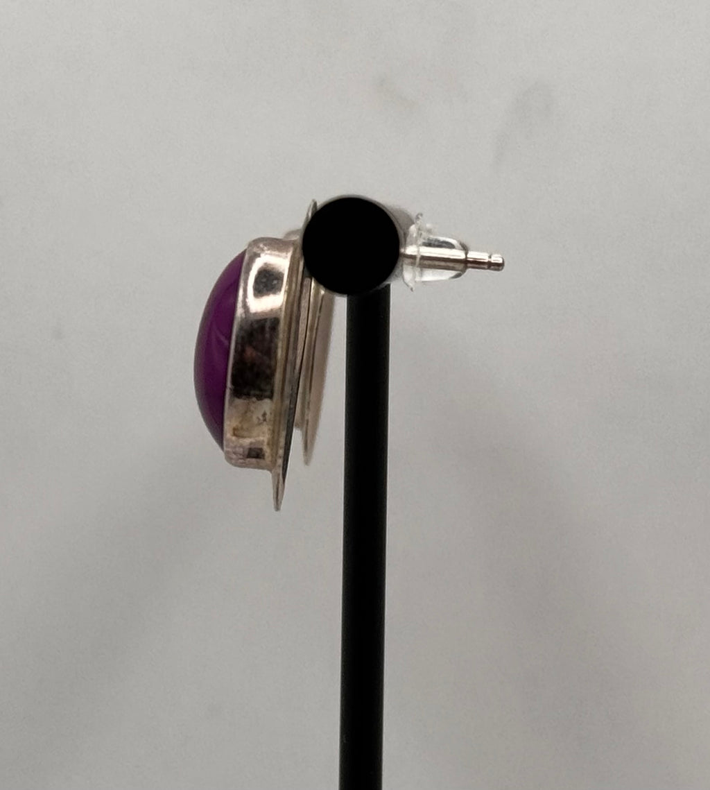 Sterling Silver Purple Turquoise Oval Stud Earrings 925 Cabochon