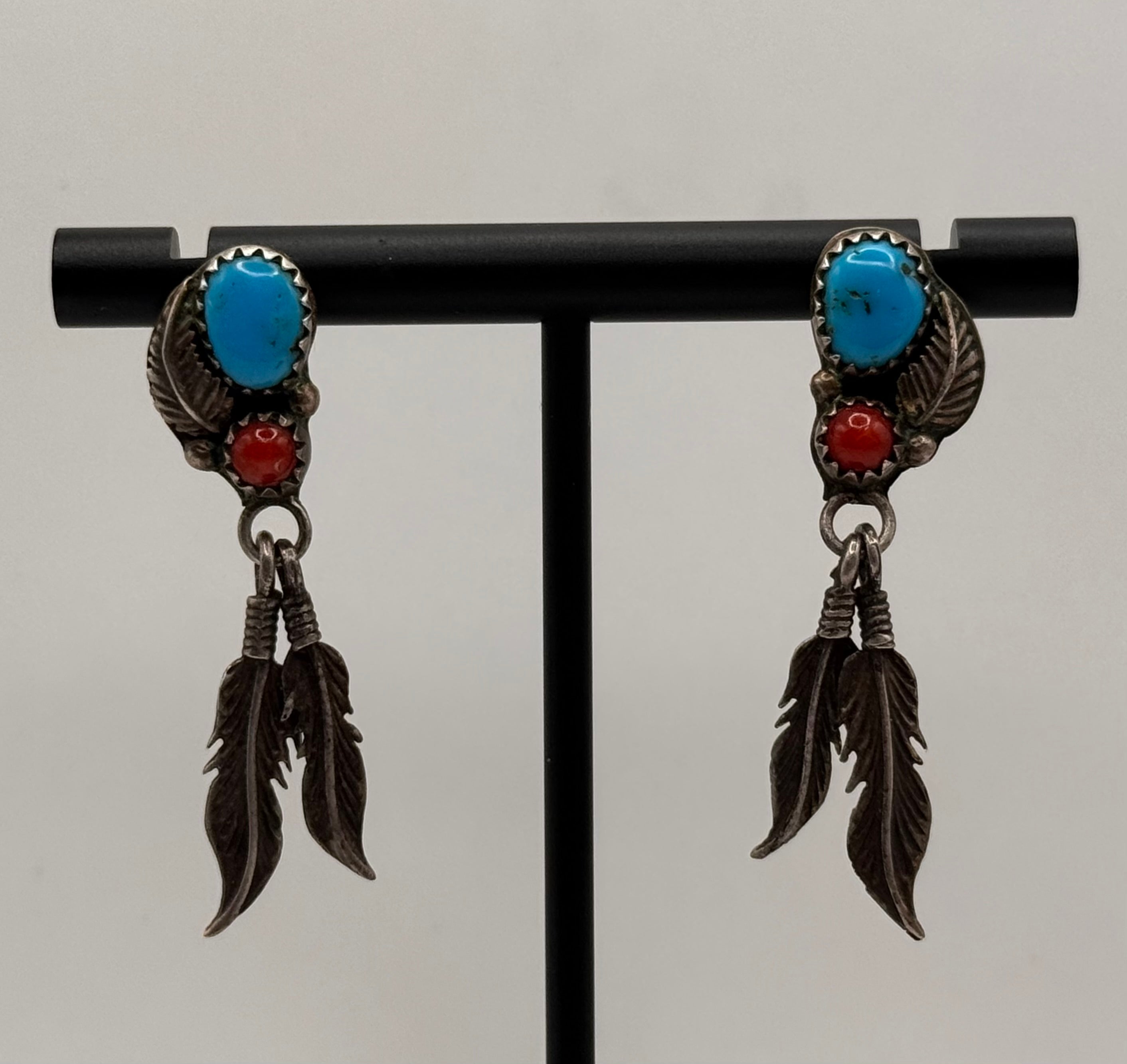 Vintage 925 Sterling Silver Turquoise Coral Feather Dangle Earrings
