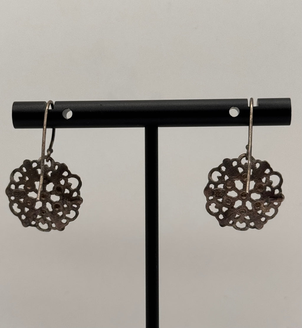 Vintage 925 Sterling Silver Filigree Dangle Earrings Floral Round Disc