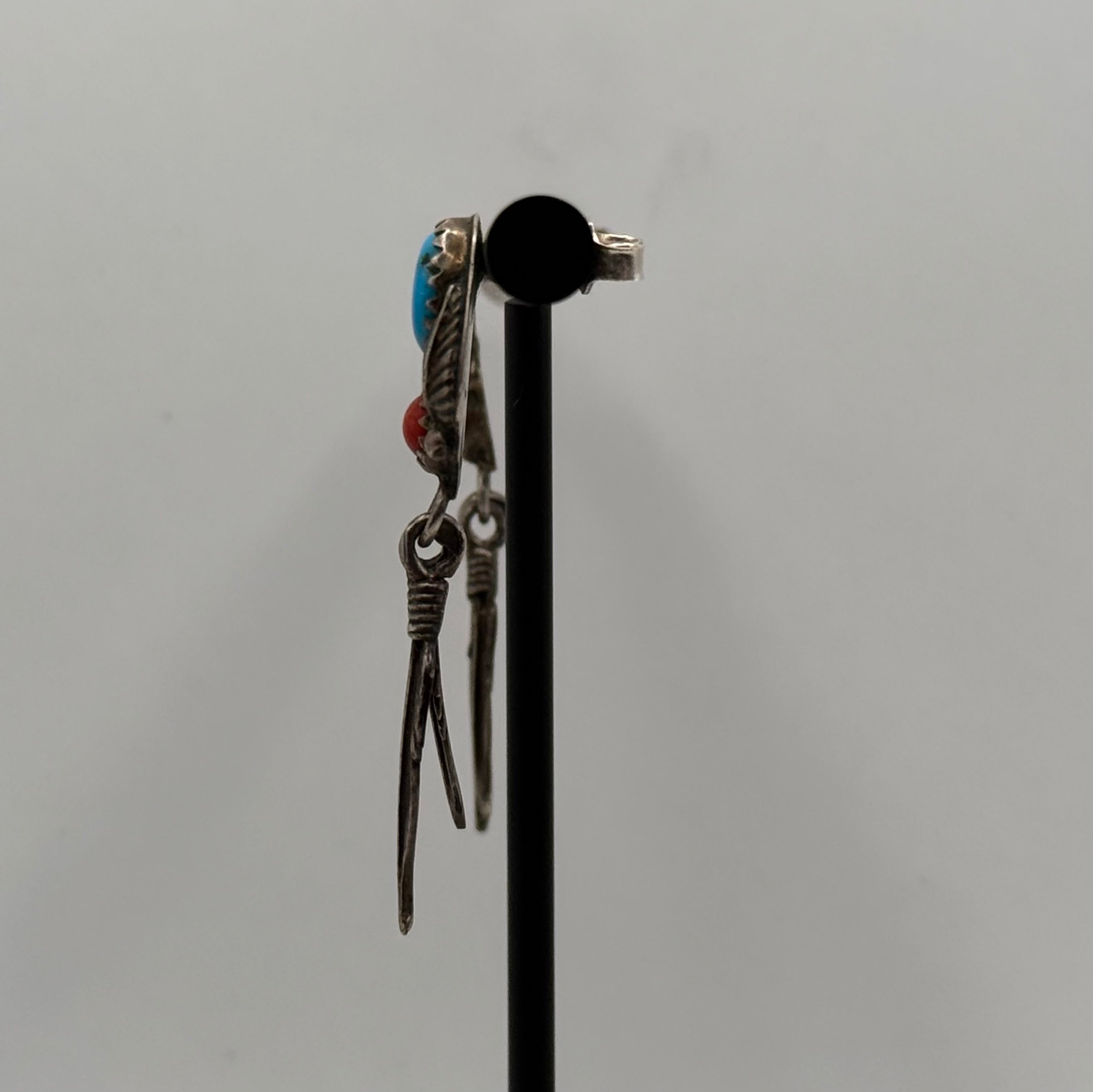 Vintage 925 Sterling Silver Turquoise Coral Feather Dangle Earrings