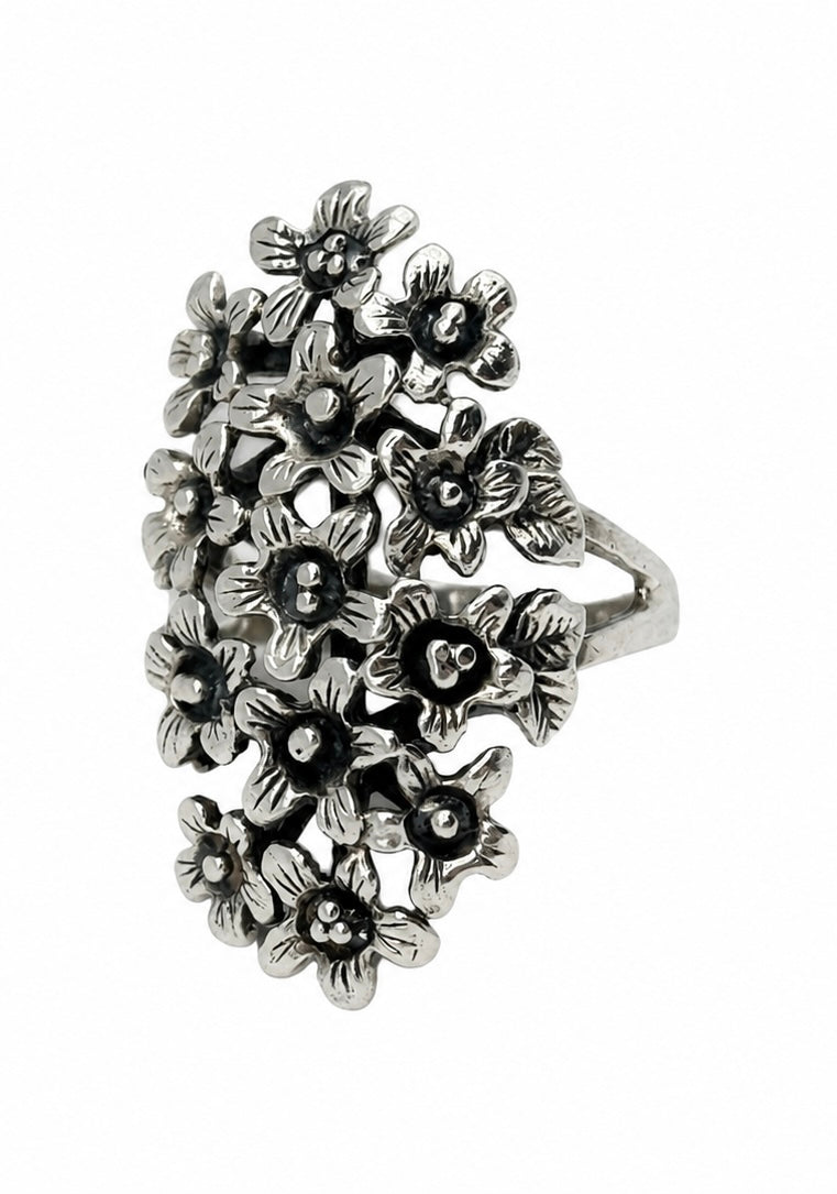 925 Sterling Silver Floral Statement Ring Openwork Flower Garden