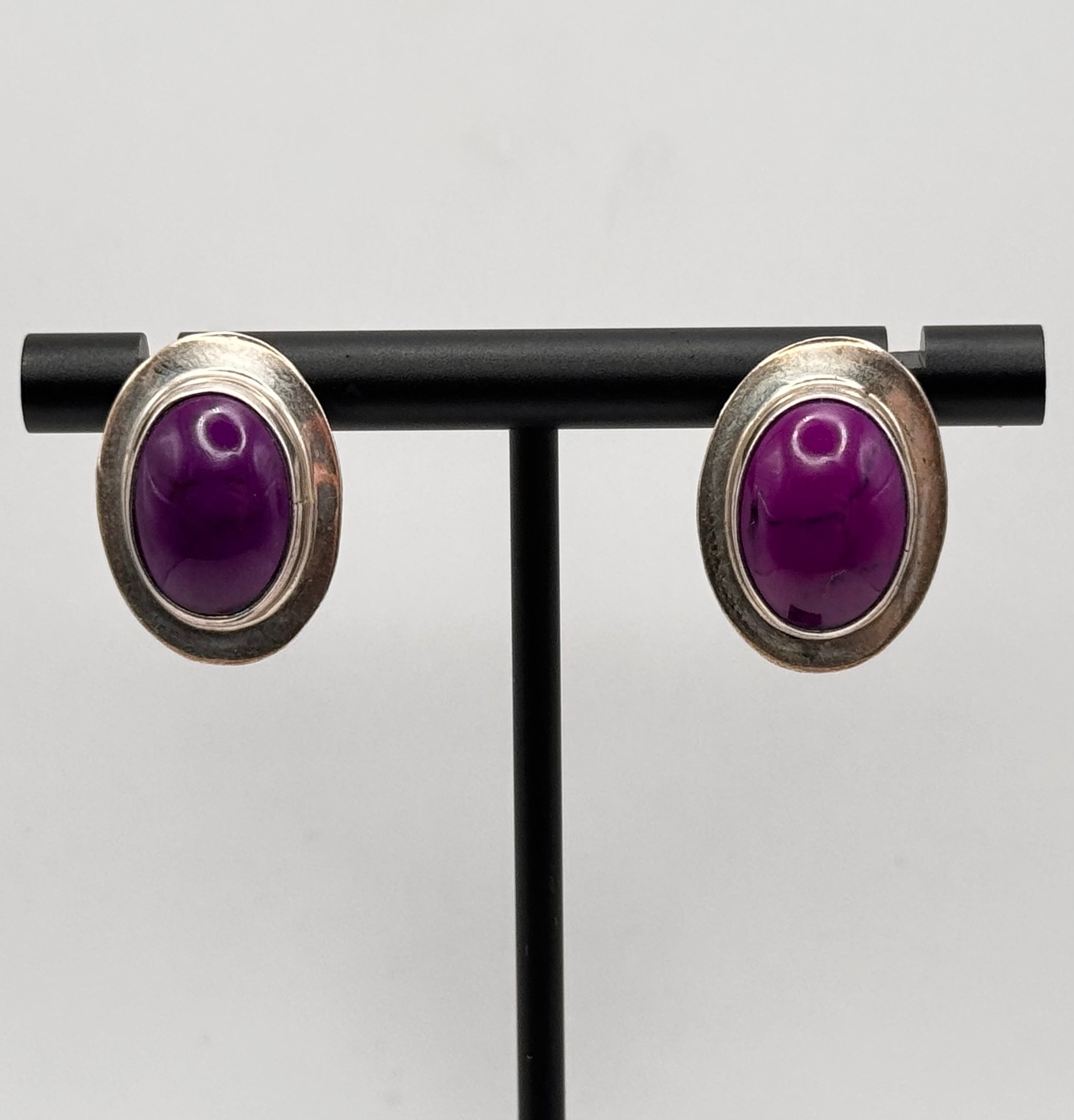 Sterling Silver Purple Turquoise Oval Stud Earrings 925 Cabochon