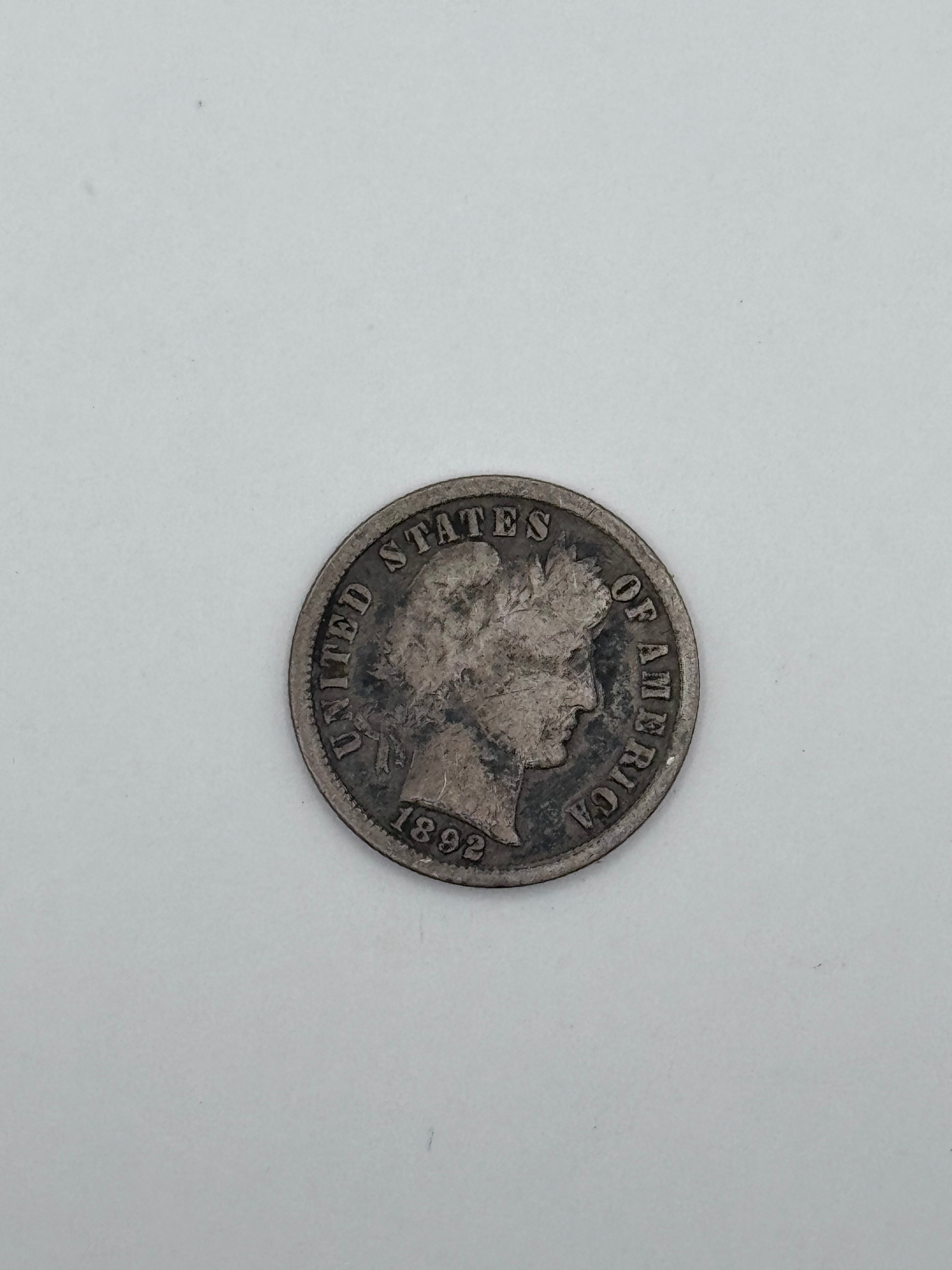 1892 Barber Dime 90% Silver 10C Philadelphia Mint U.S. Coin