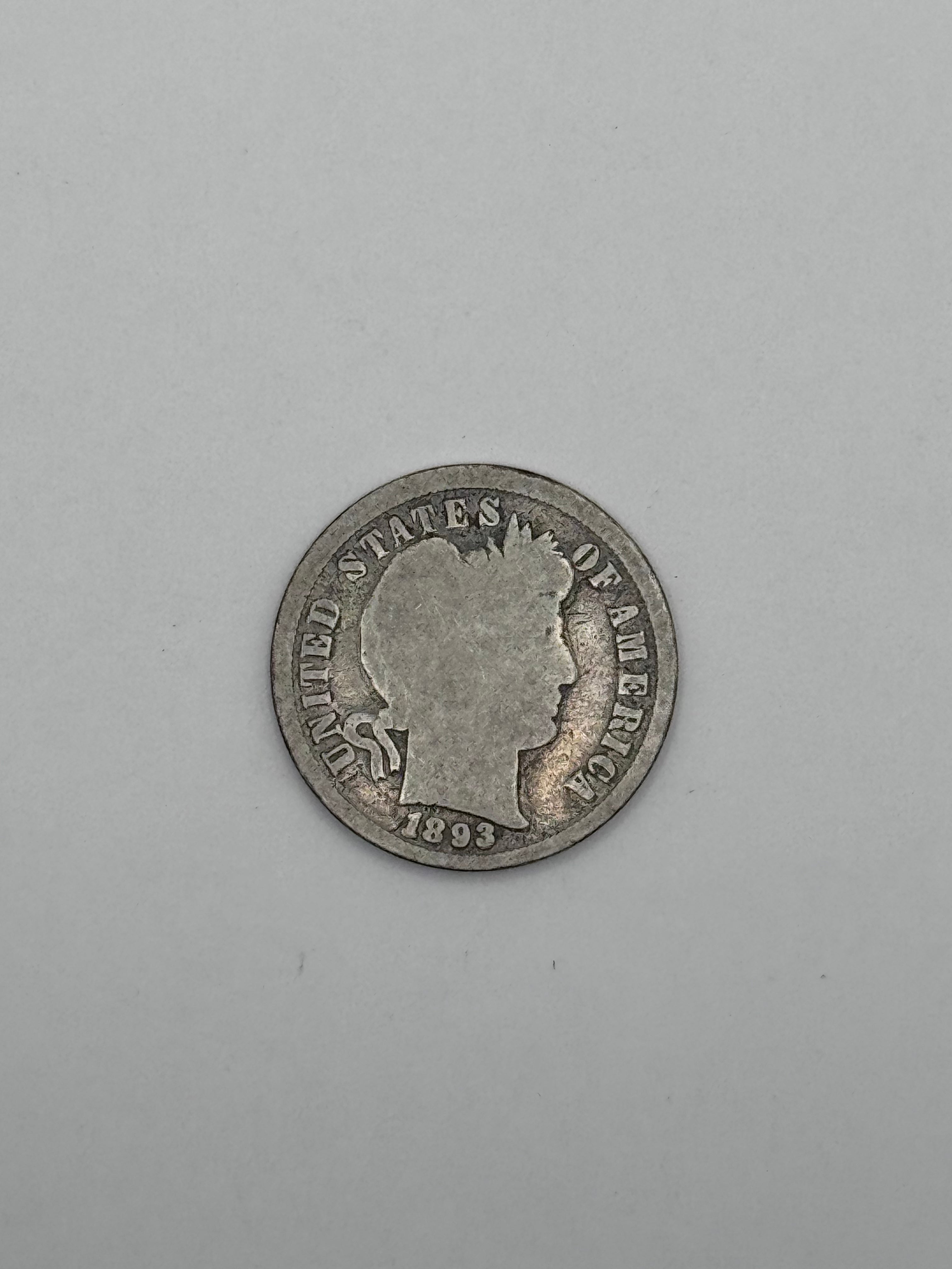 1893 Barber Dime 90% Silver 10C Philadelphia Mint U.S. Coin