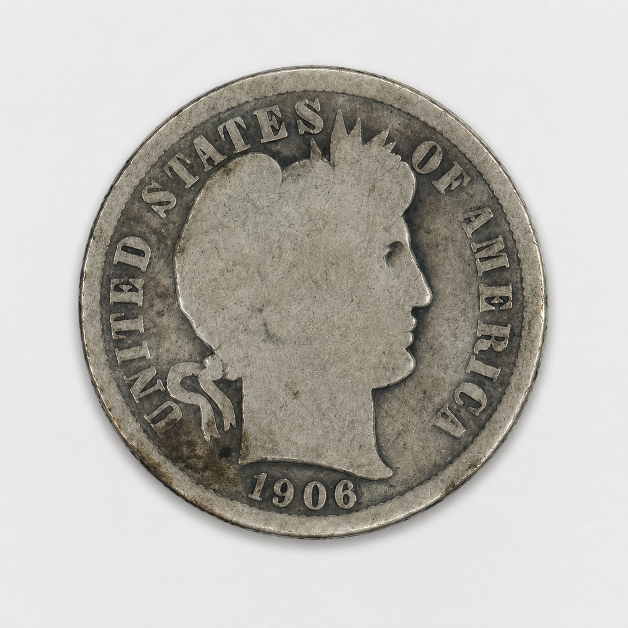 1906 Barber Silver Dime 10C U.S. 90% Silver Coin – Mint Mark Worn Off