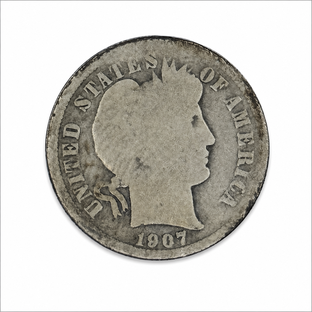 1907 Barber Silver Dime 10C Philadelphia Mint U.S. 90% Silver Coin