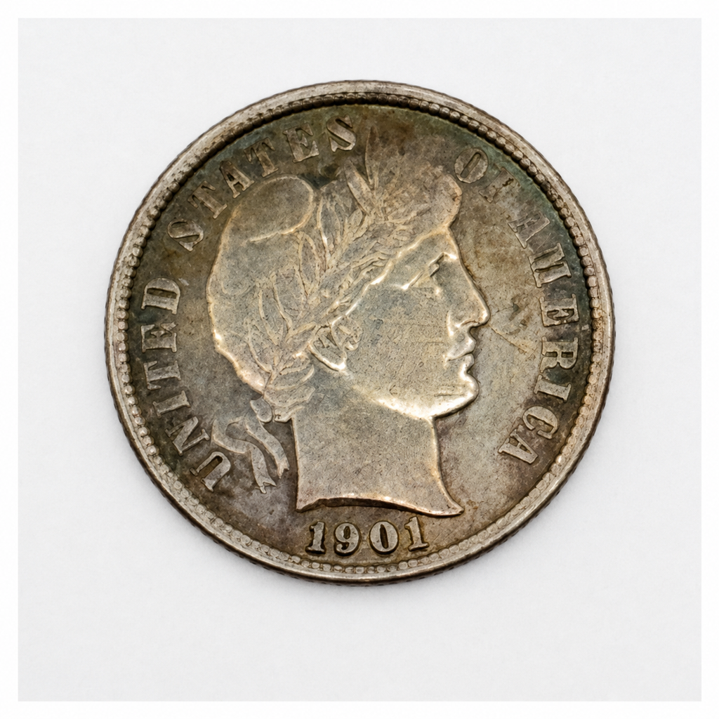 1901 Barber Silver Dime - Philadelphia Mint - U.S. 90% Silver 10C Coin