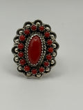 L Begay Red Coral Cluster Native 925 Sterling Silver Navajo Ring