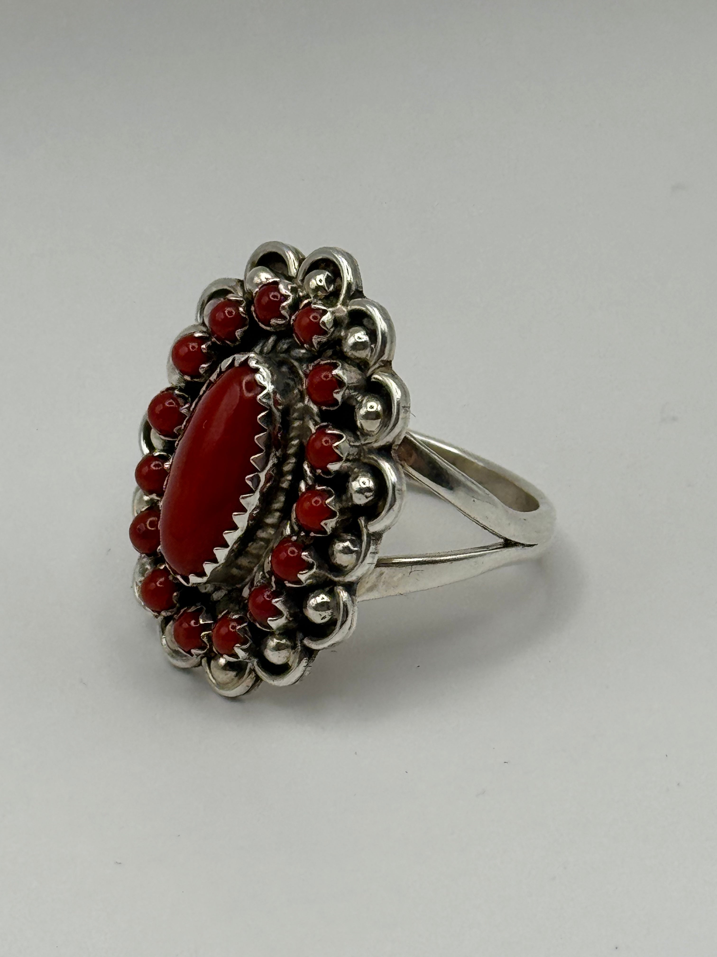 L Begay Red Coral Cluster Native 925 Sterling Silver Navajo Ring