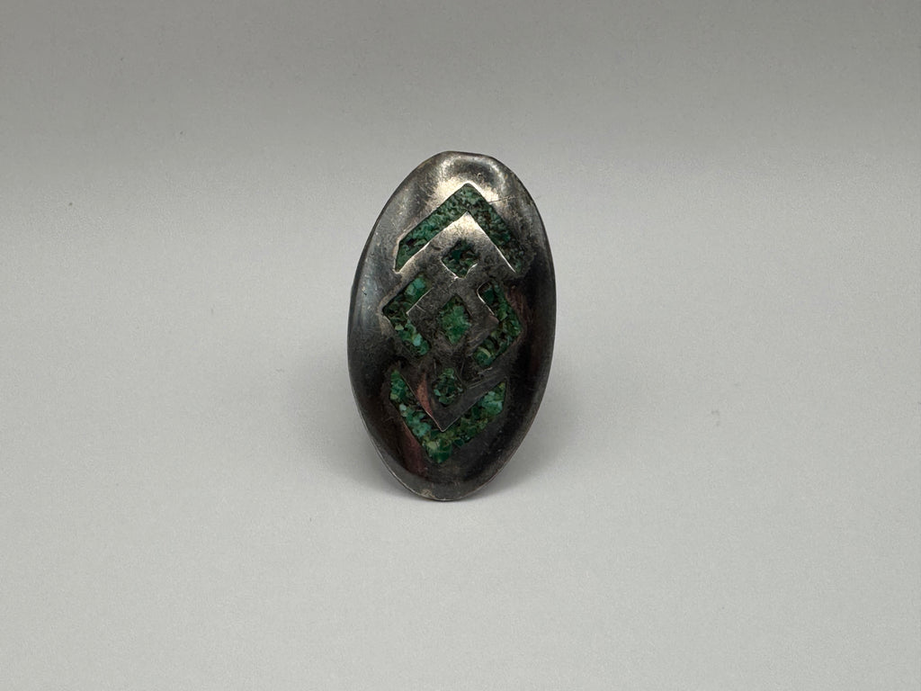 Vintage 925 Sterling Silver Green Turquoise Mosaic Inlay Ring