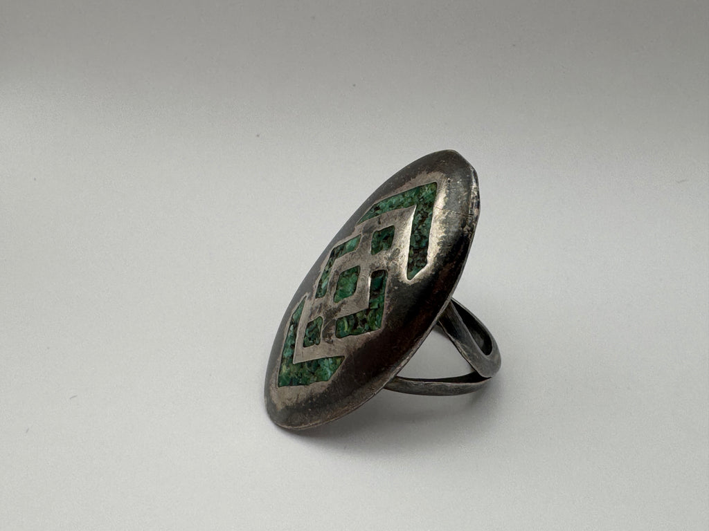 Vintage 925 Sterling Silver Green Turquoise Mosaic Inlay Ring