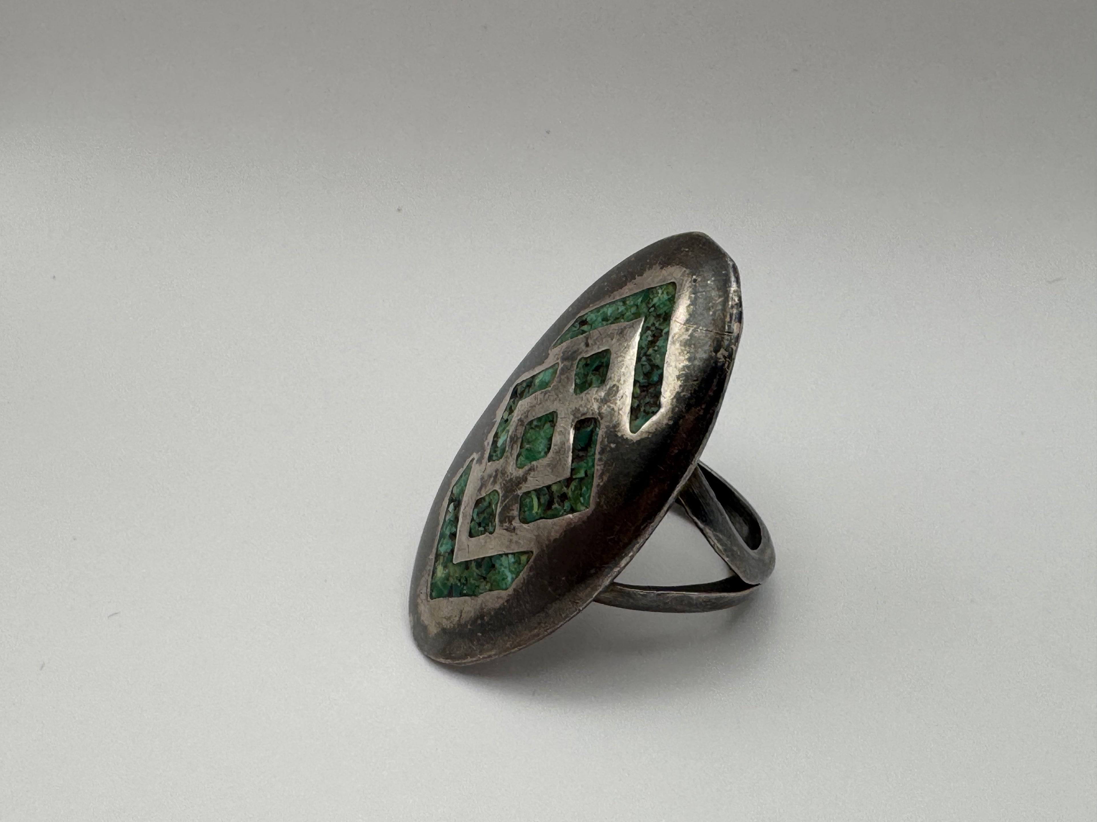 Vintage 925 Sterling Silver Green Turquoise Mosaic Inlay Ring