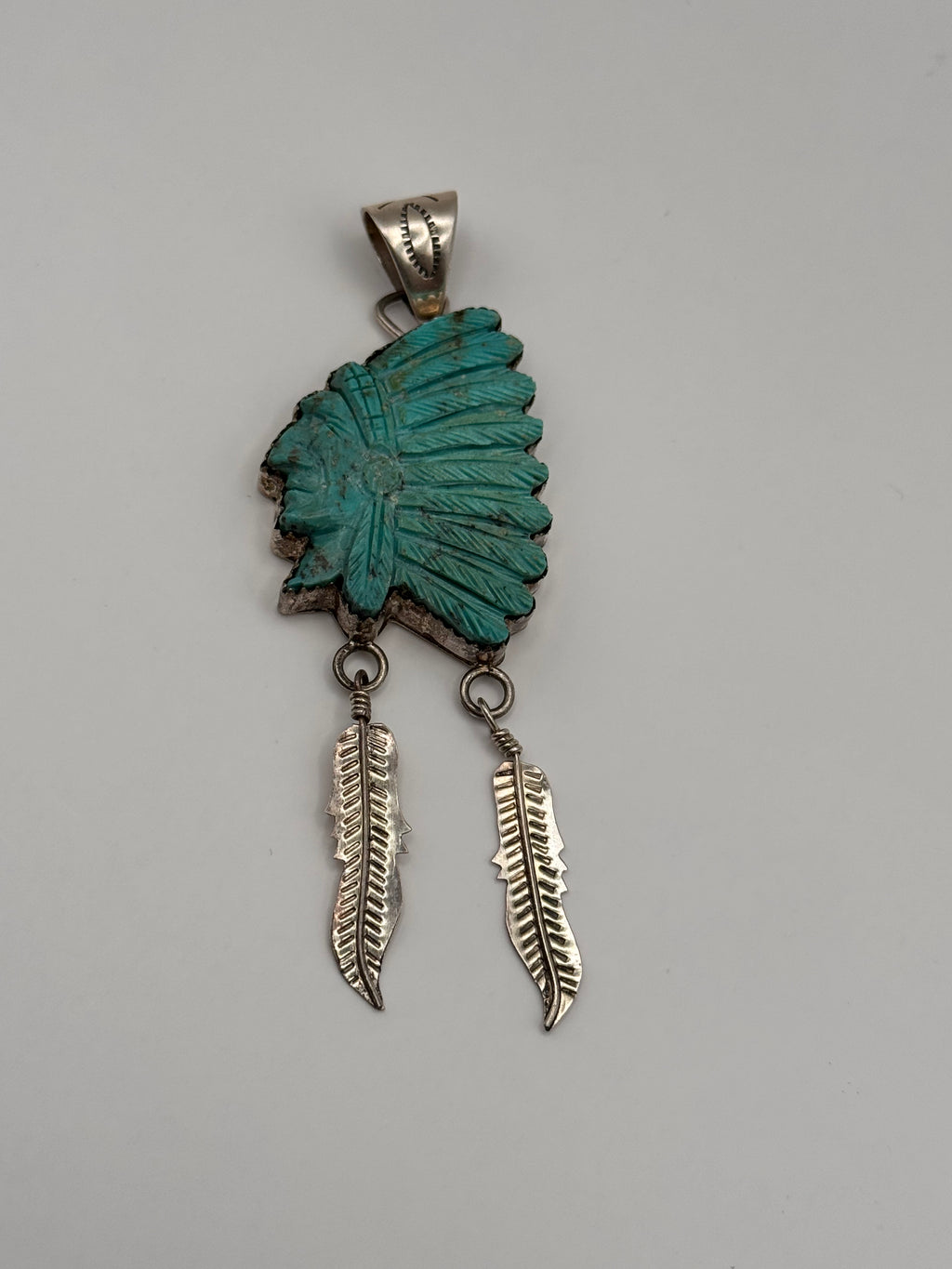 Hand Carved Turquoise Native American Chief Head Sterling Silver Pendant LL