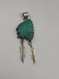 Hand Carved Turquoise Native American Chief Head Sterling Silver Pendant LL