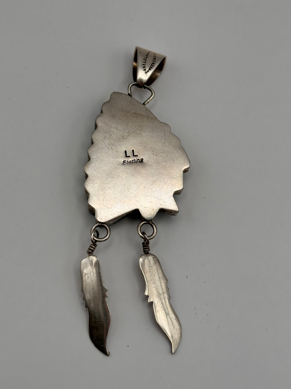 Hand Carved Turquoise Native American Chief Head Sterling Silver Pendant LL