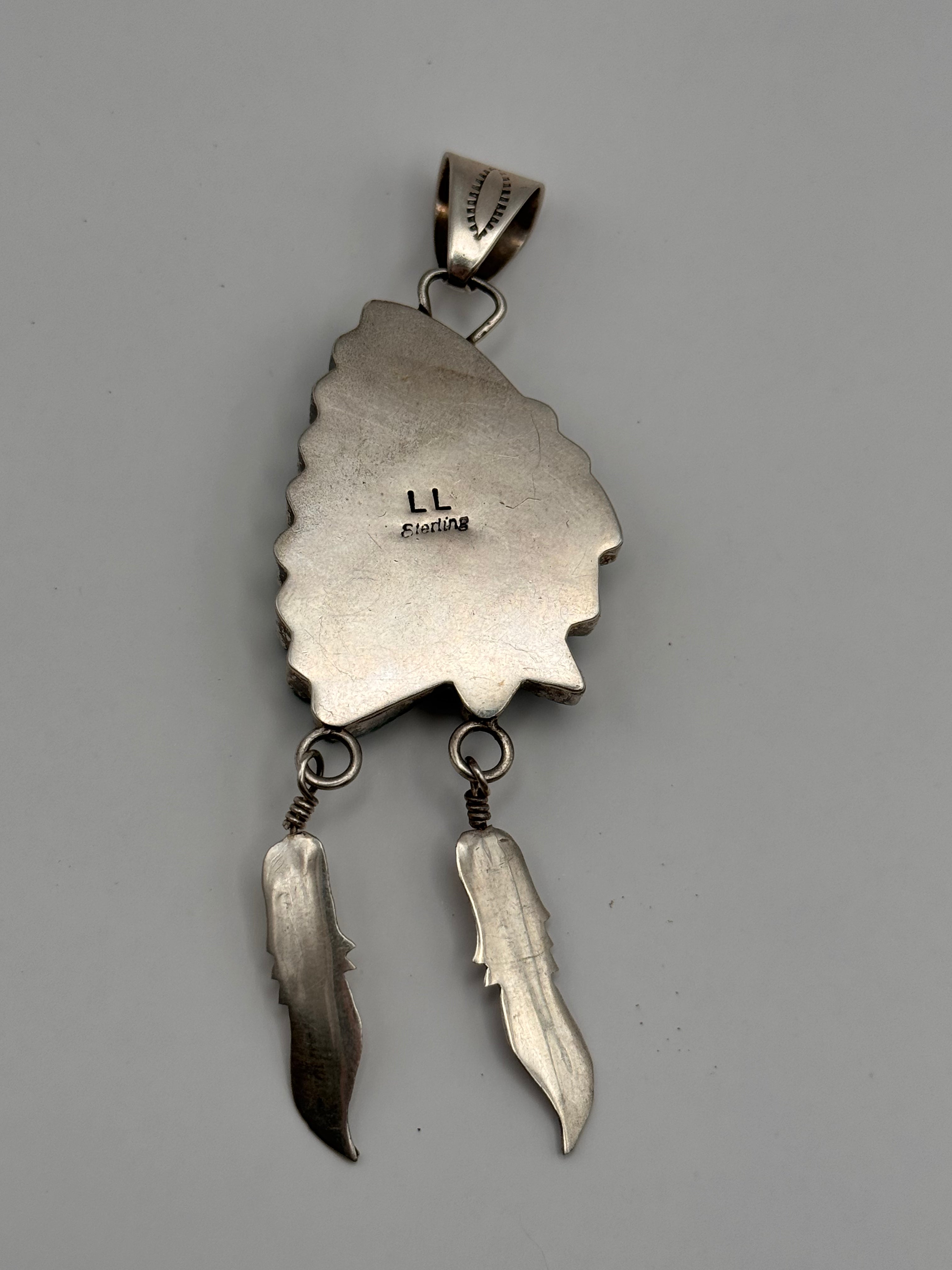 Hand Carved Turquoise Native American Chief Head Sterling Silver Pendant LL