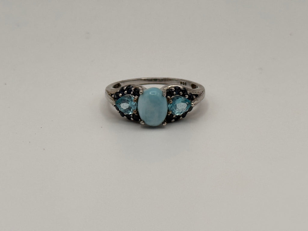 925 Sterling Silver Larimar, Blue Topaz, And Black Spinel Ring