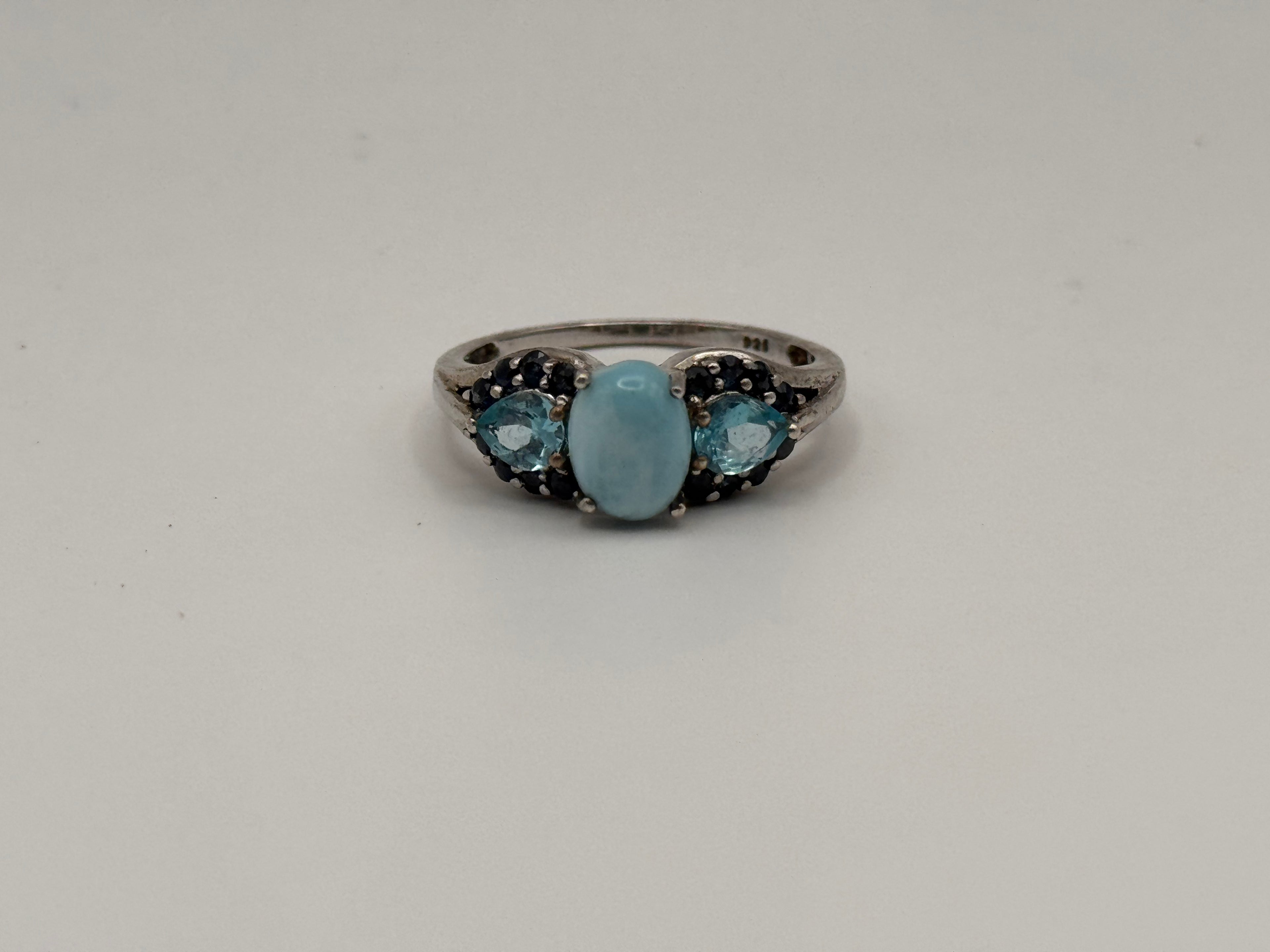 925 Sterling Silver Larimar, Blue Topaz, And Black Spinel Ring