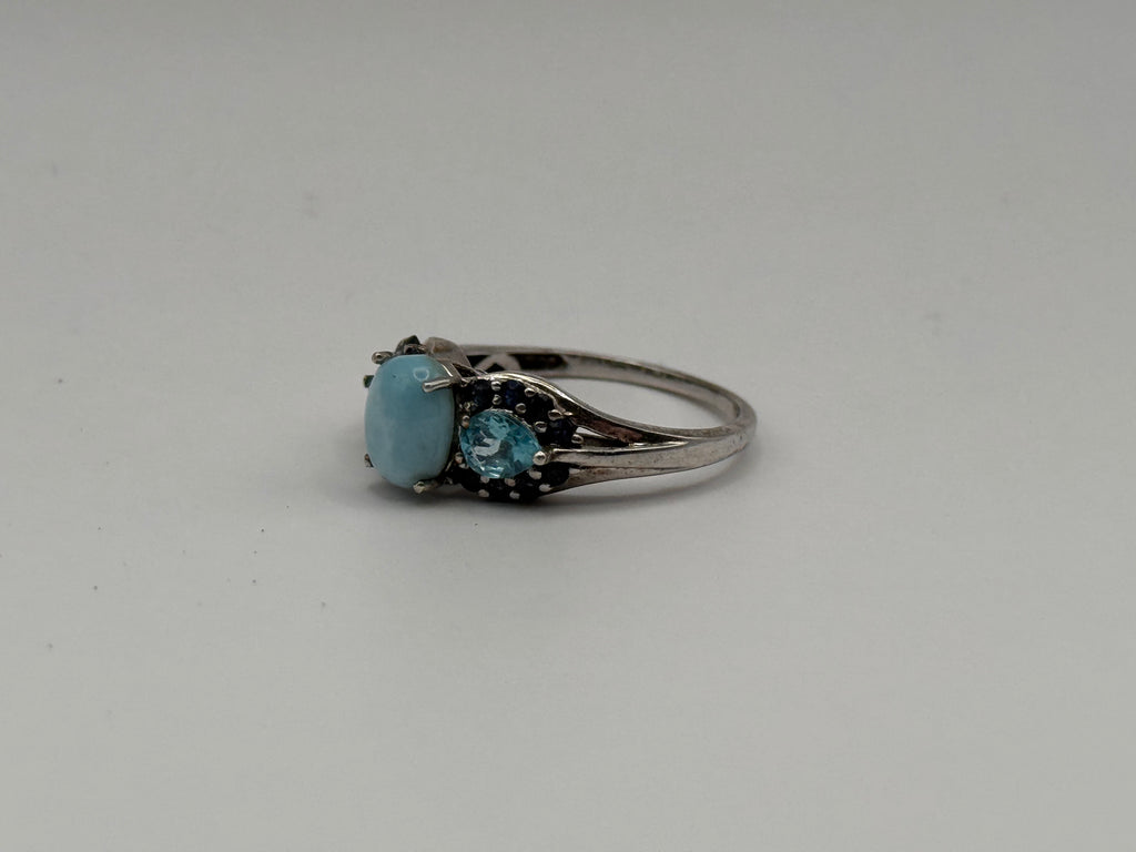 925 Sterling Silver Larimar, Blue Topaz, And Black Spinel Ring