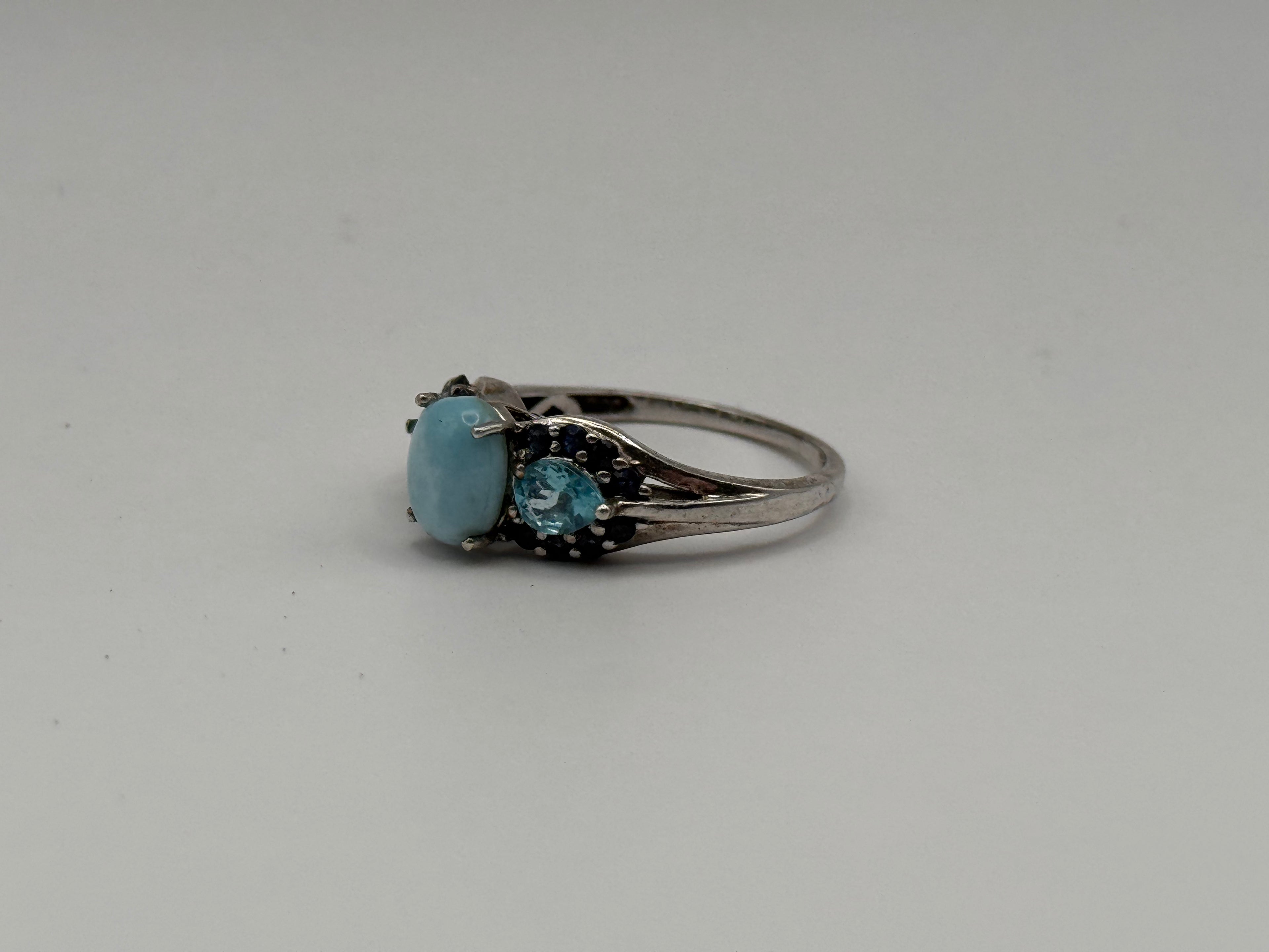 925 Sterling Silver Larimar, Blue Topaz, And Black Spinel Ring