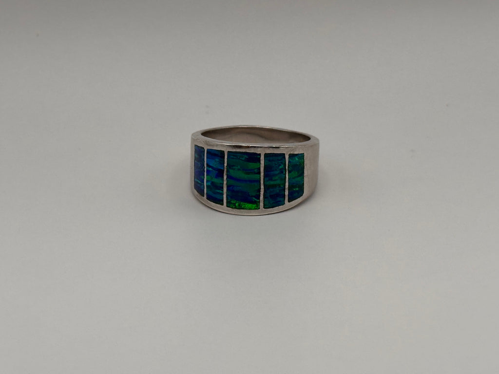 925 Sterling Silver Blue Opal Inlay Band Wide Statement Ring