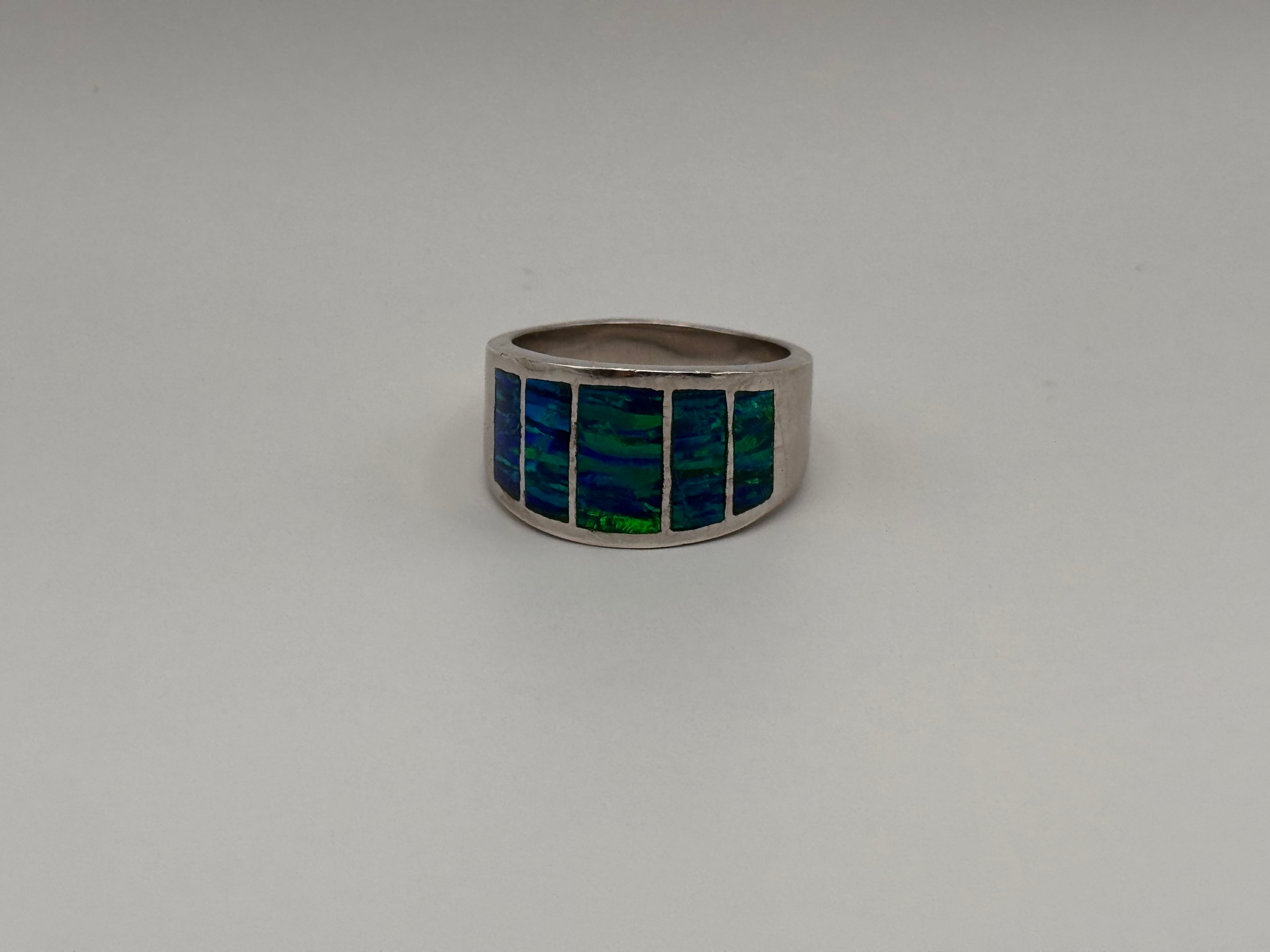 925 Sterling Silver Blue Opal Inlay Band Wide Statement Ring