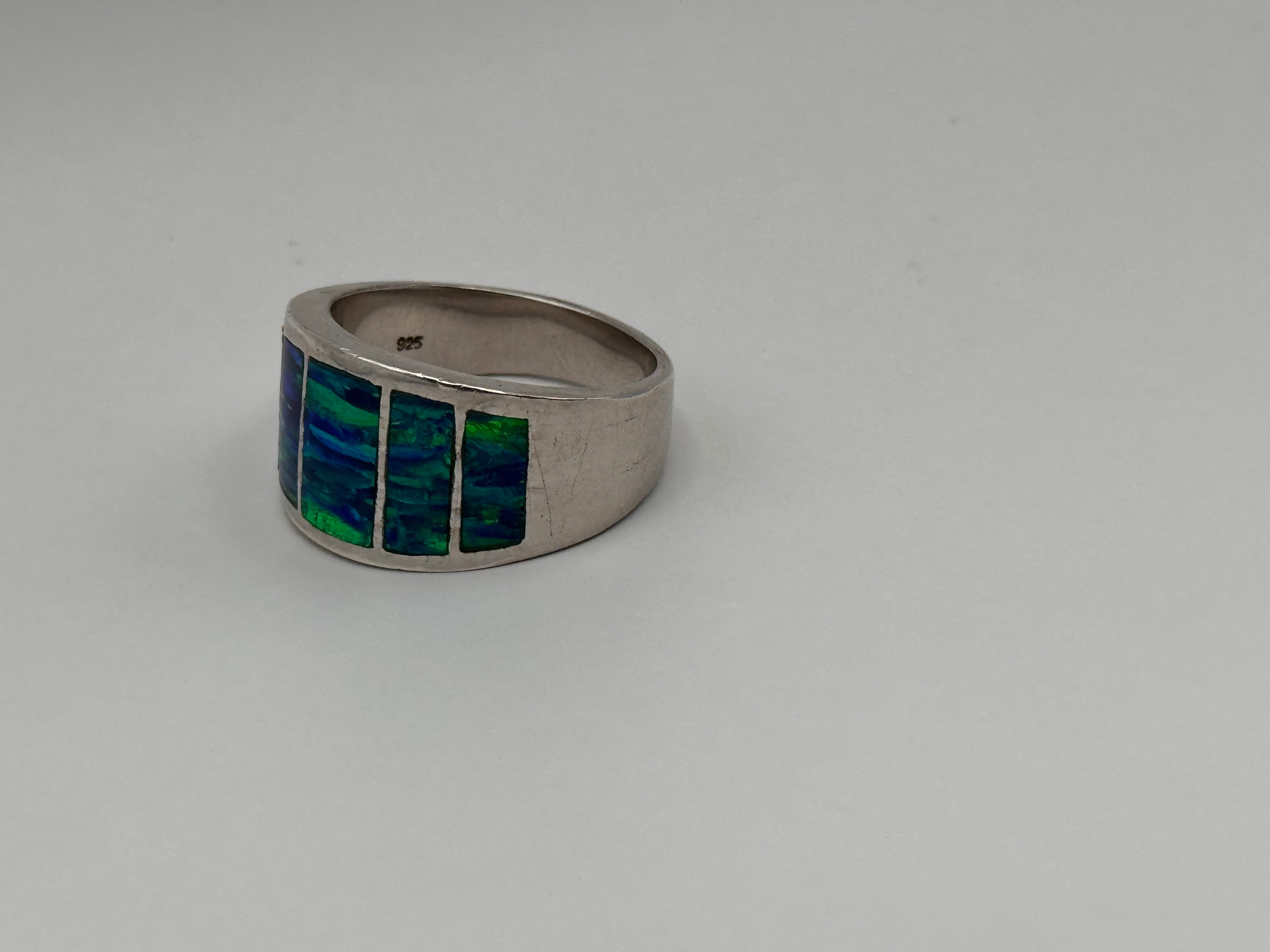 925 Sterling Silver Blue Opal Inlay Band Wide Statement Ring