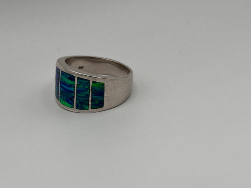 925 Sterling Silver Blue Opal Inlay Band Wide Statement Ring