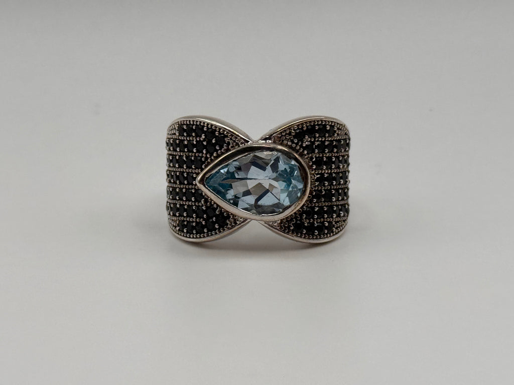925 Sterling Silver Blue Topaz And Black Onyx Statement Ring