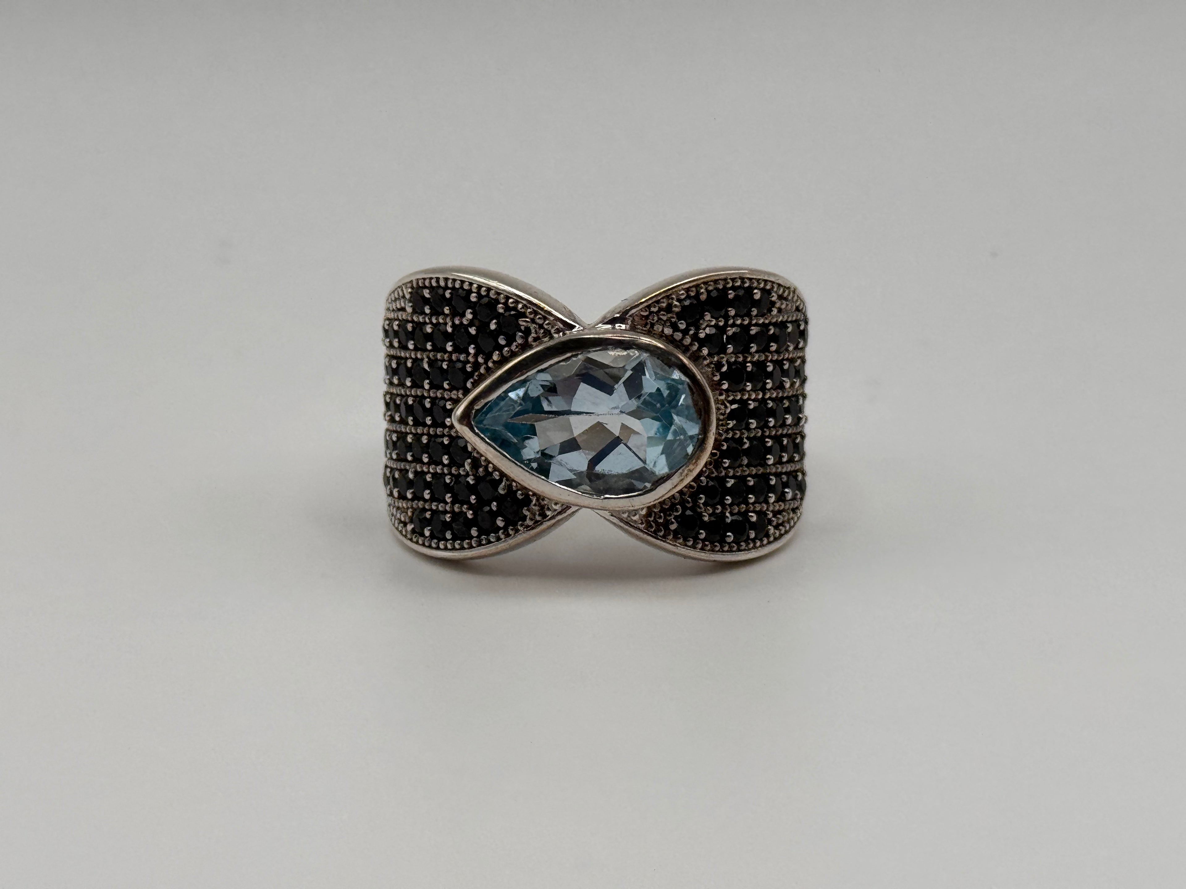 925 Sterling Silver Blue Topaz And Black Onyx Statement Ring