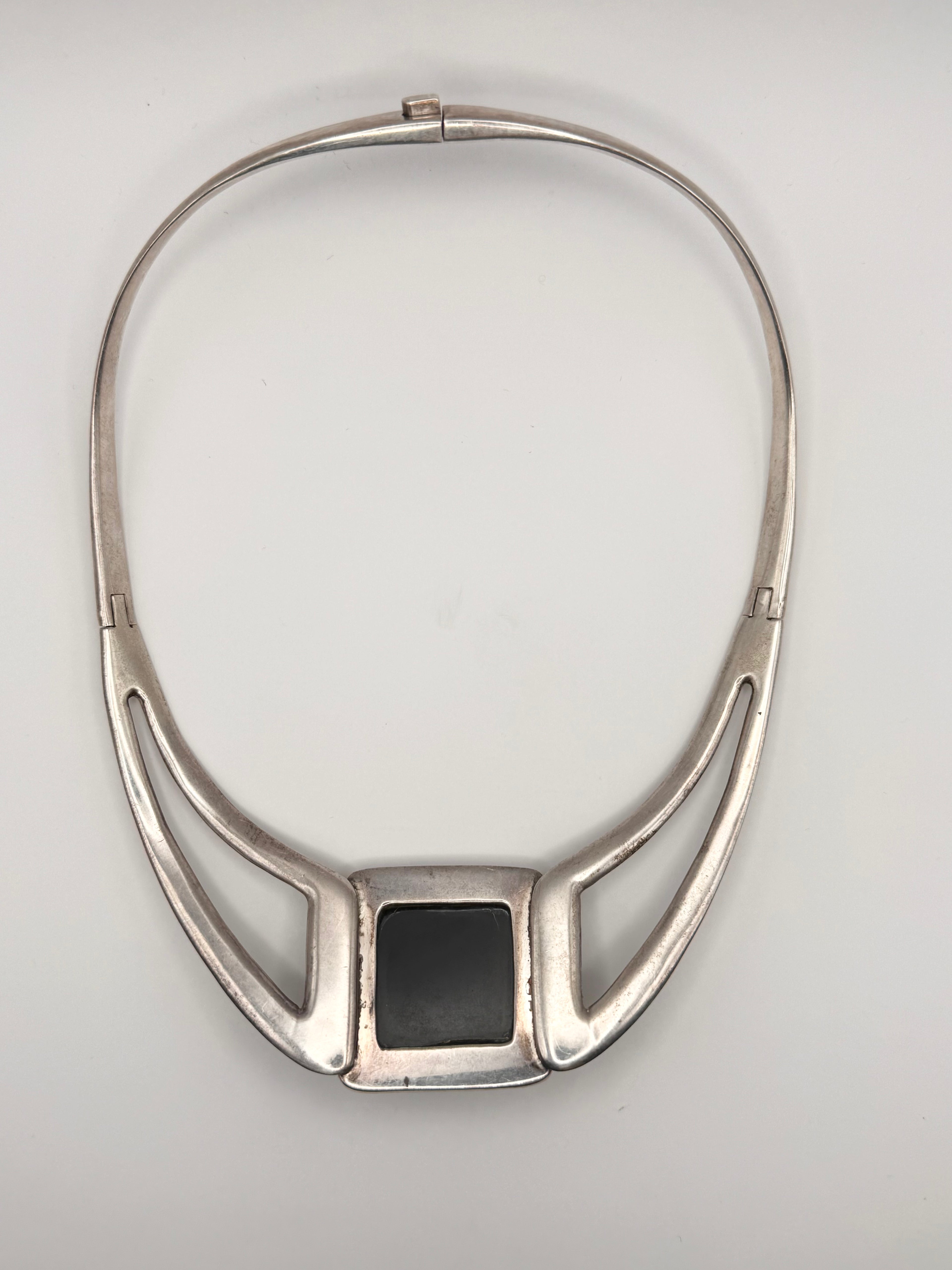 Vintage TR-40 Mexico 925 Sterling Silver Black Onyx Collar Choker Necklace