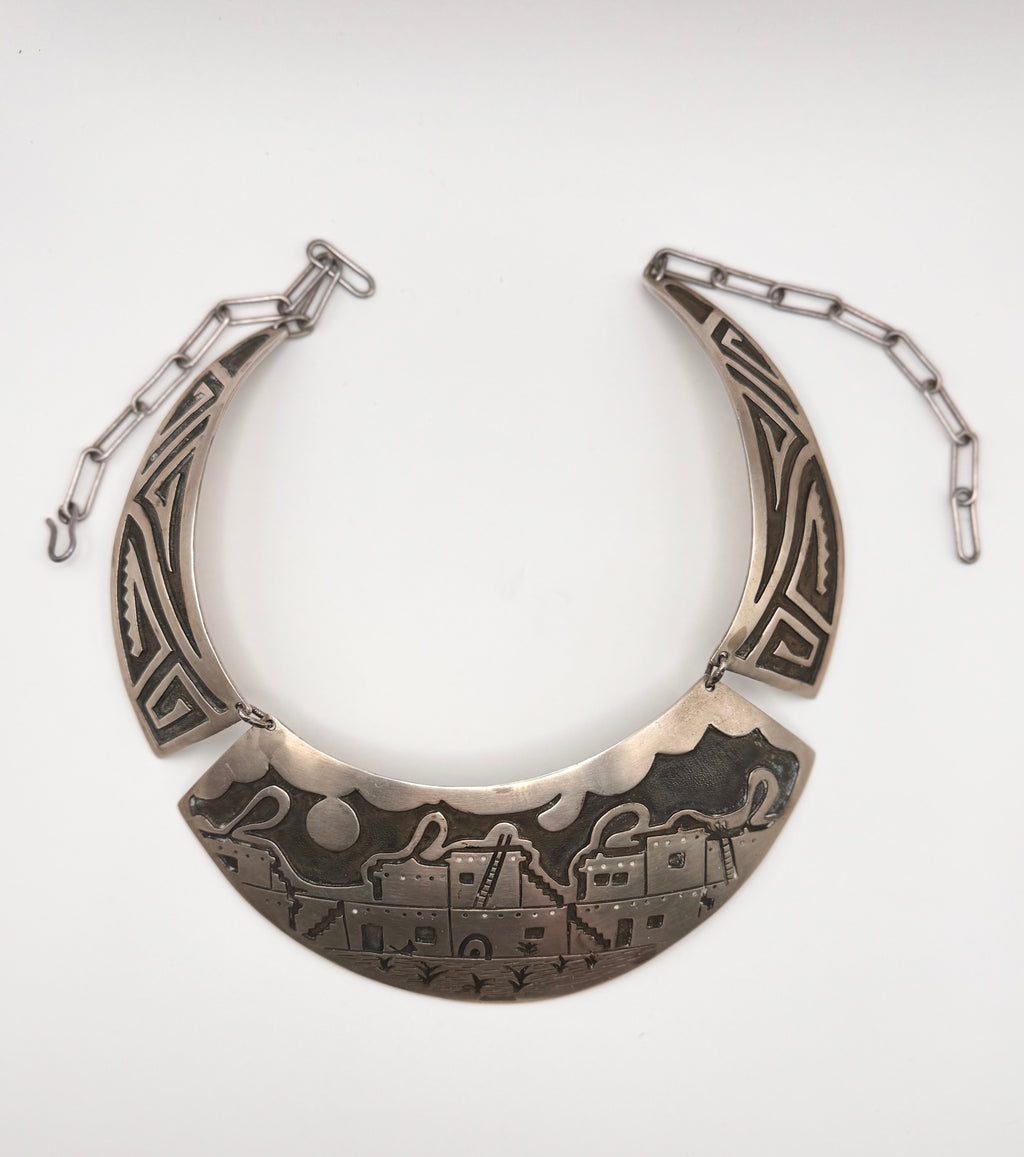 Vintage Native American Hopi 925 Sterling Silver Bib Choker Collar Necklace Pueblo Scene