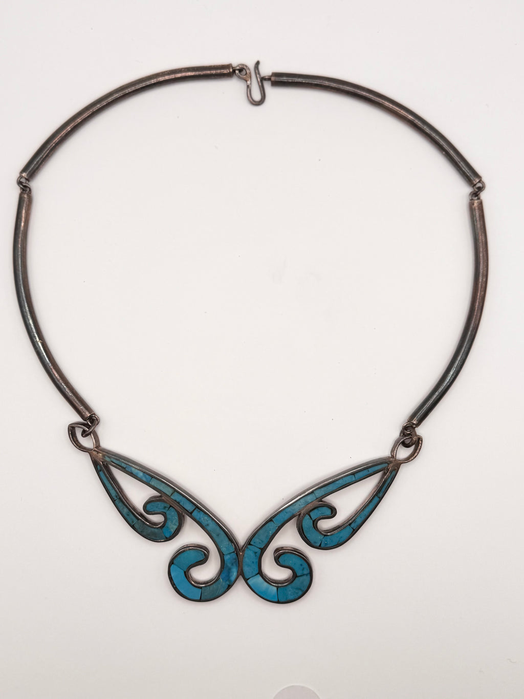 Vintage Taxco Mexico Turquoise Inlay Sterling Silver Collar Necklace