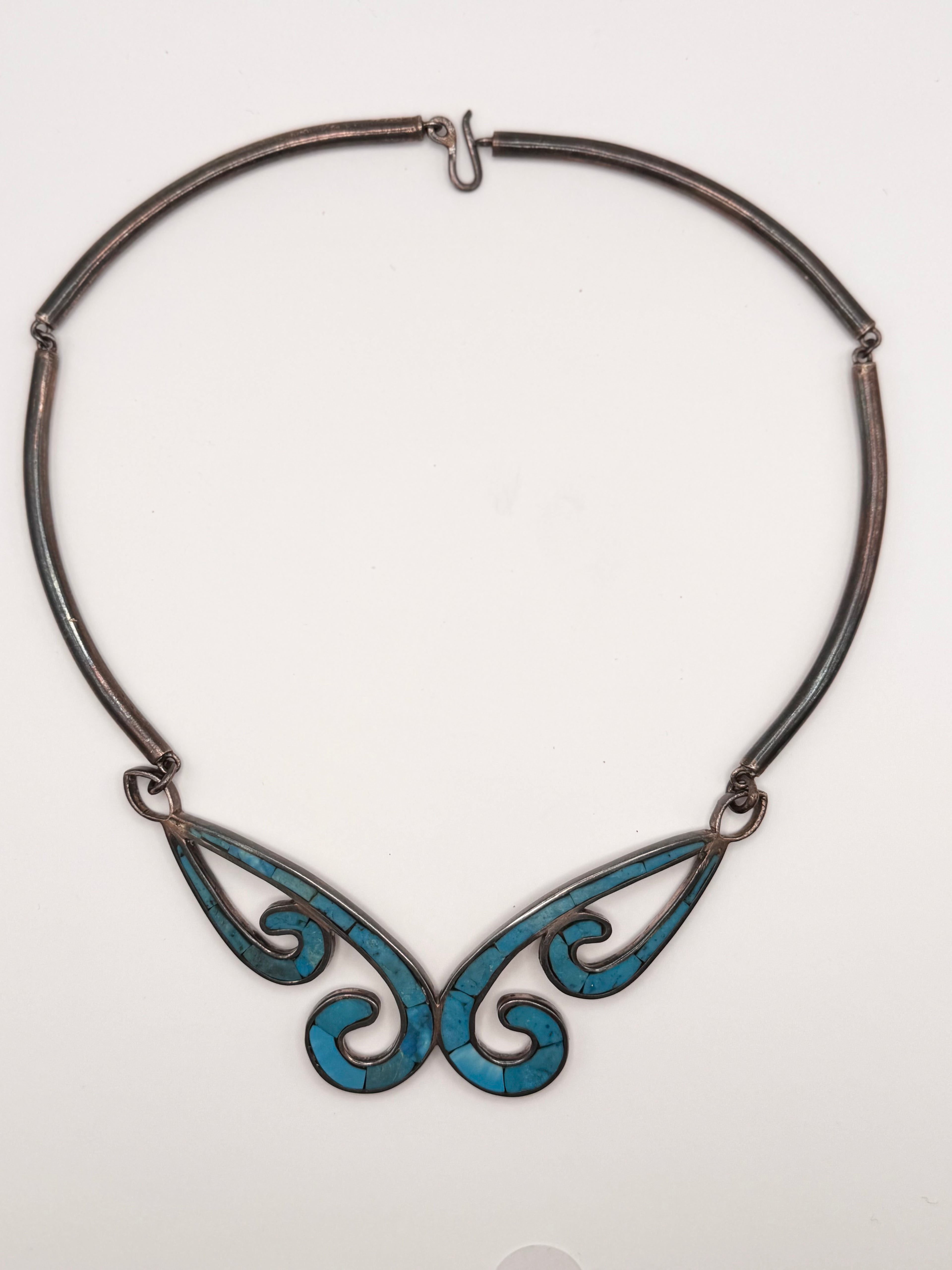 Vintage Taxco Mexico Turquoise Inlay Sterling Silver Collar Necklace
