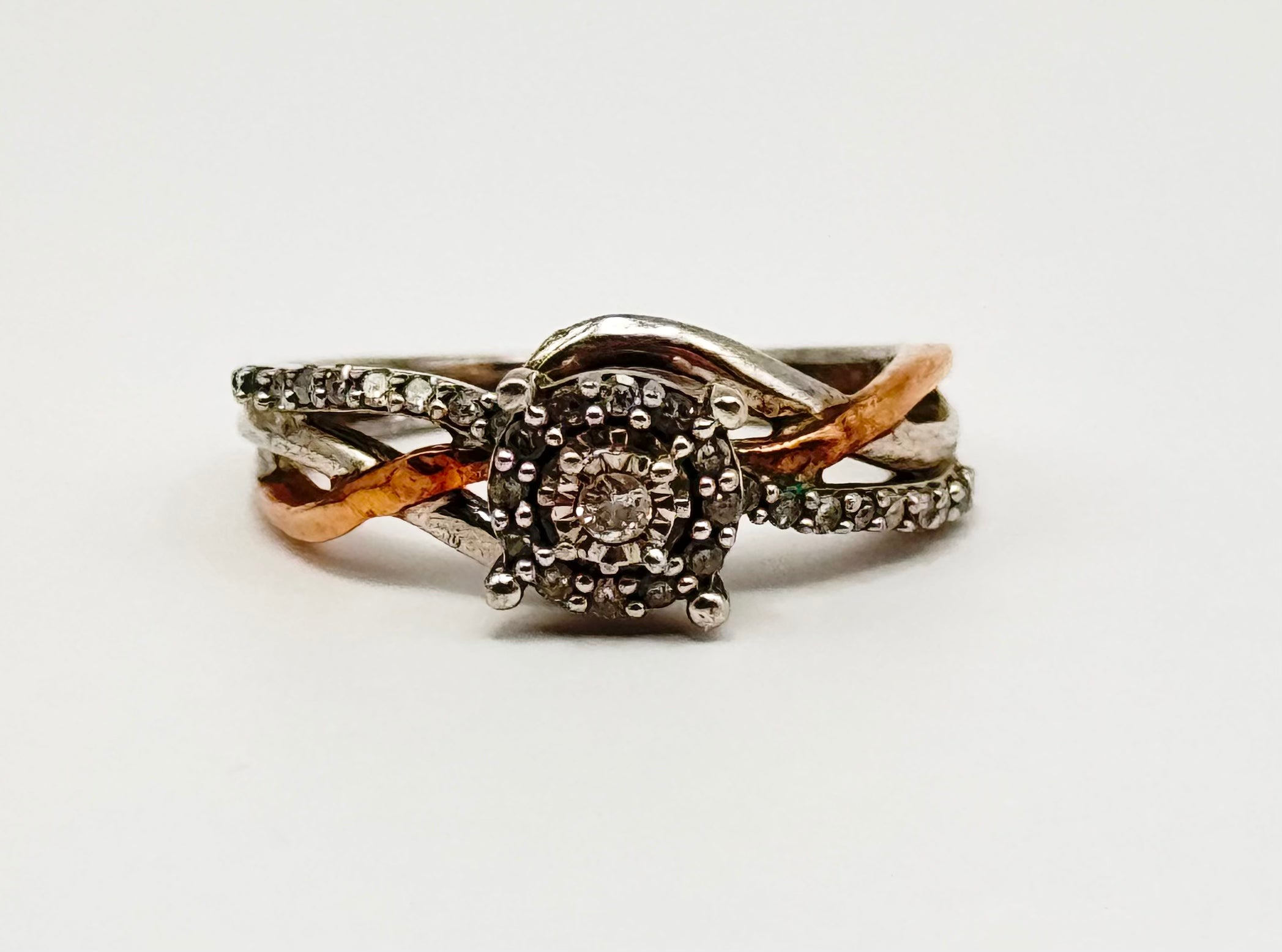 925 Sterling Silver Two-Tone Diamond Cluster Halo Ring Size