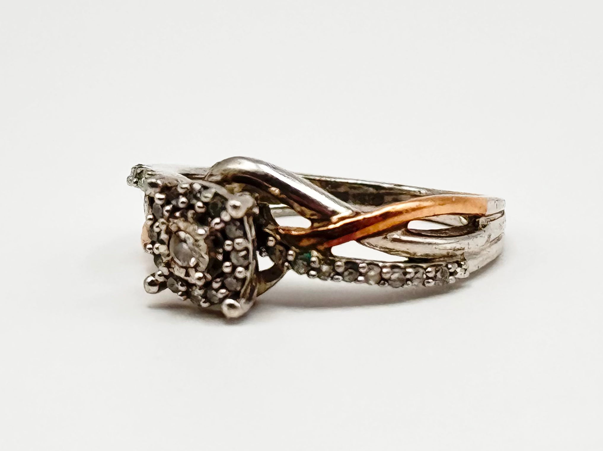925 Sterling Silver Two-Tone Diamond Cluster Halo Ring Size
