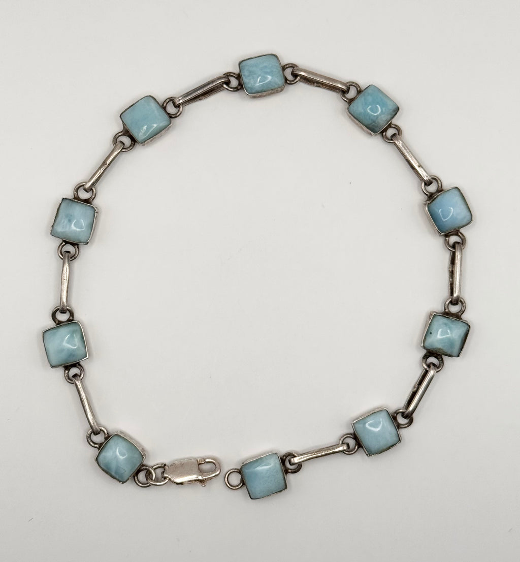 925 Sterling Silver Larimar Link Bracelet Blue Square Cabochons Caribbean Gemstone