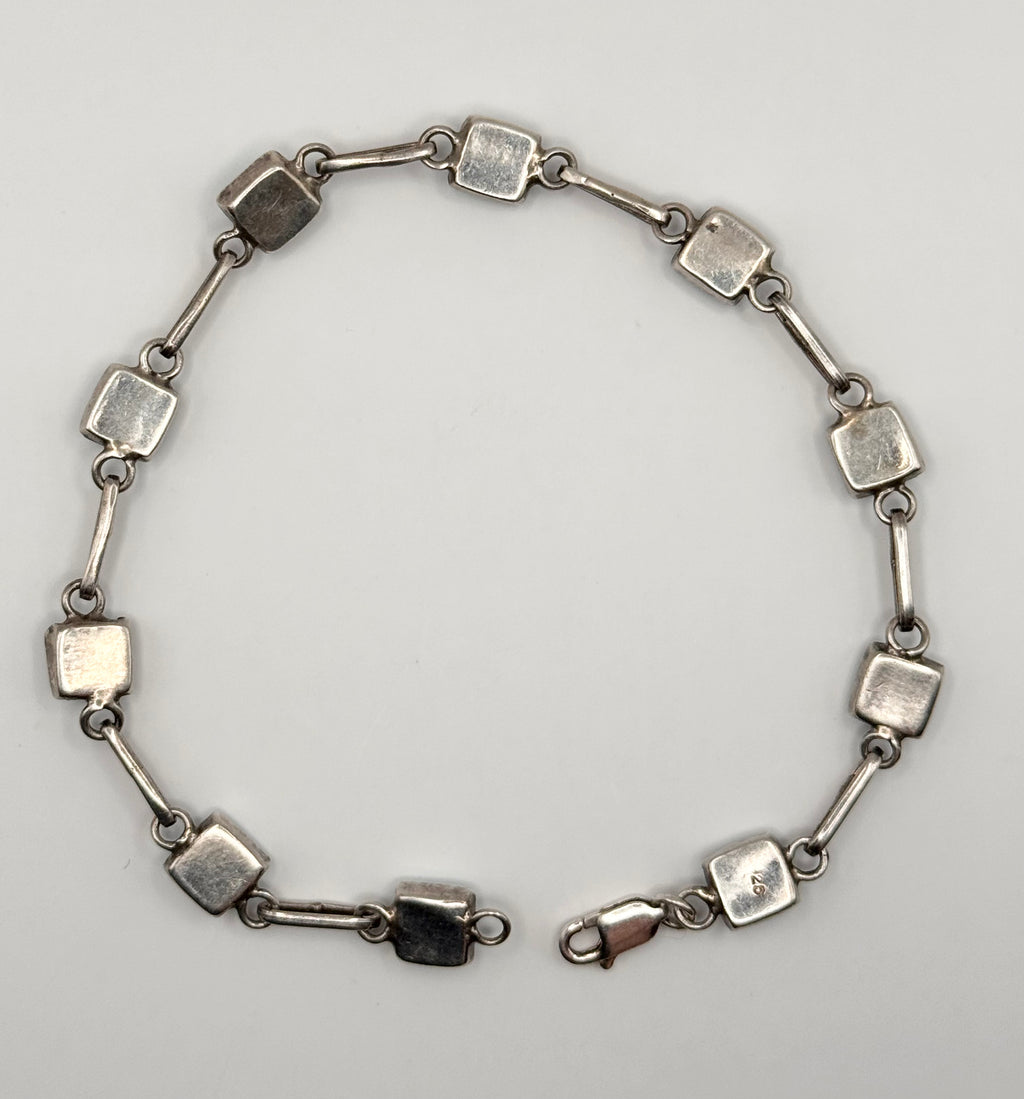 925 Sterling Silver Larimar Link Bracelet Blue Square Cabochons Caribbean Gemstone