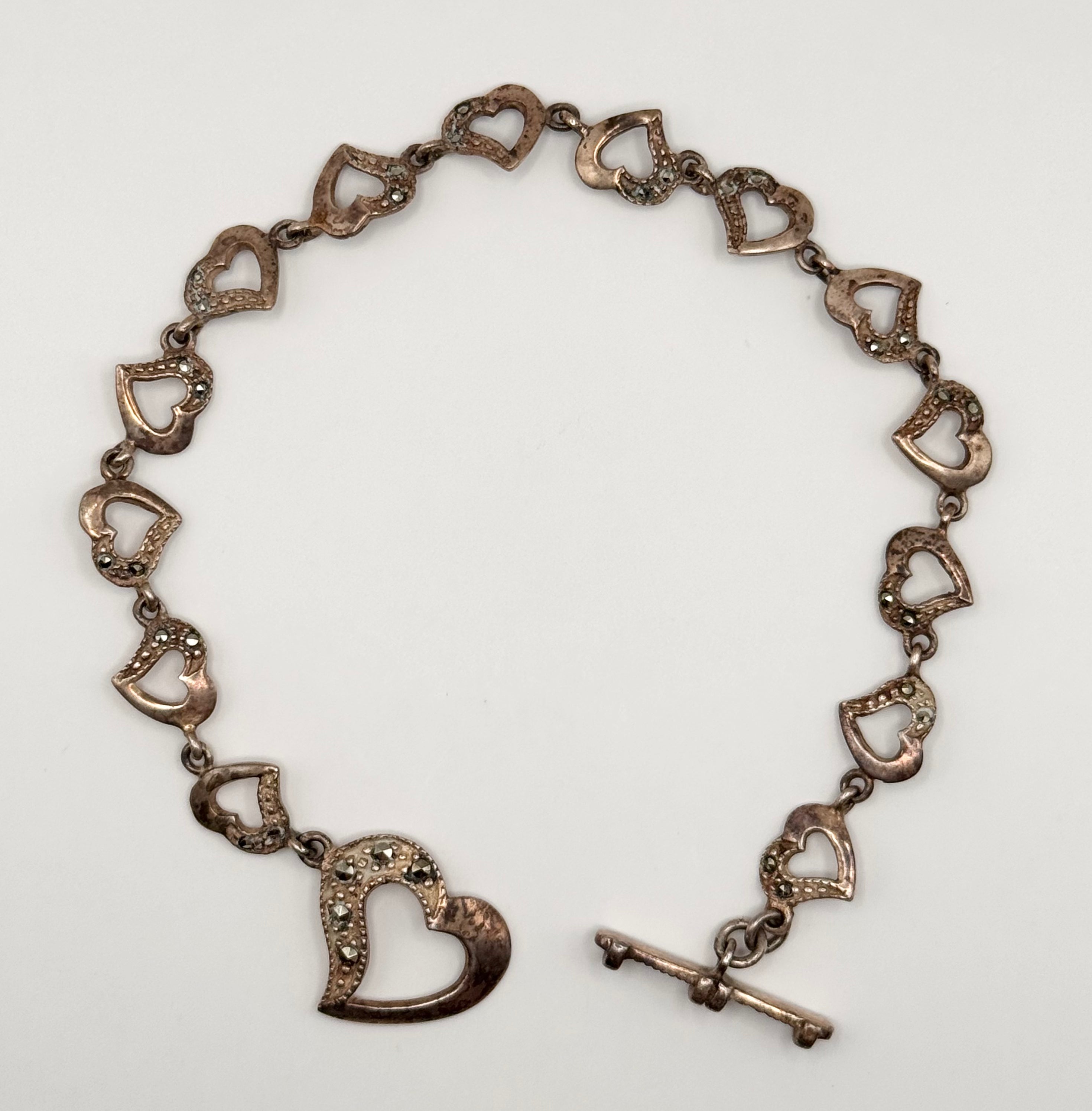Vintage 925 Sterling Silver Marcasite Open Heart Link Bracelet Toggle Clasp