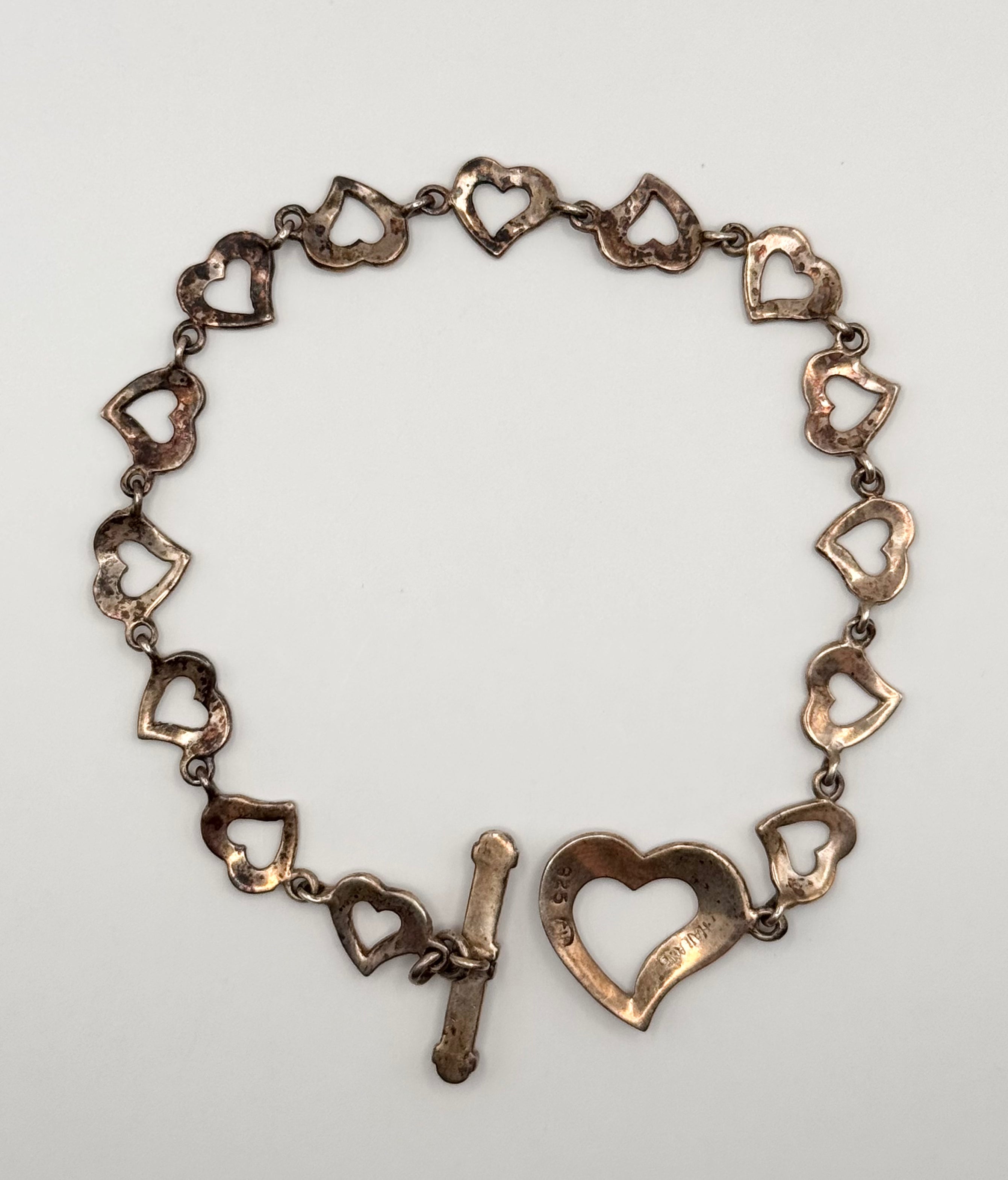 Vintage 925 Sterling Silver Marcasite Open Heart Link Bracelet Toggle Clasp