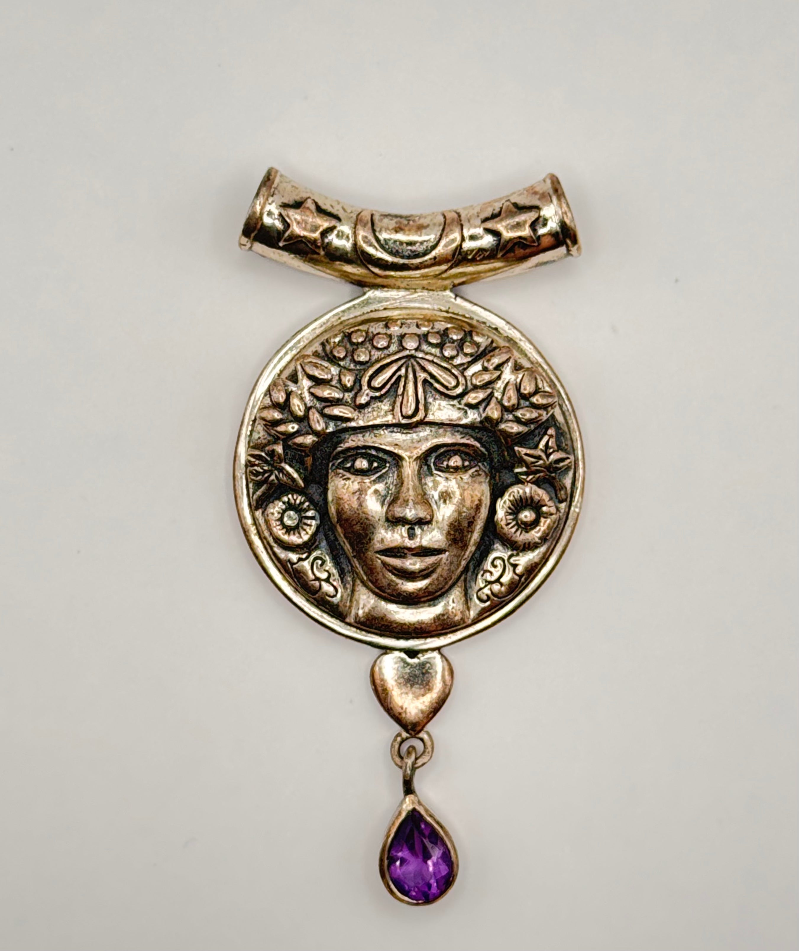 Amy Zerner RSCL 925 Sterling Silver Amethyst Goddess Face Pendant Signed Artisan