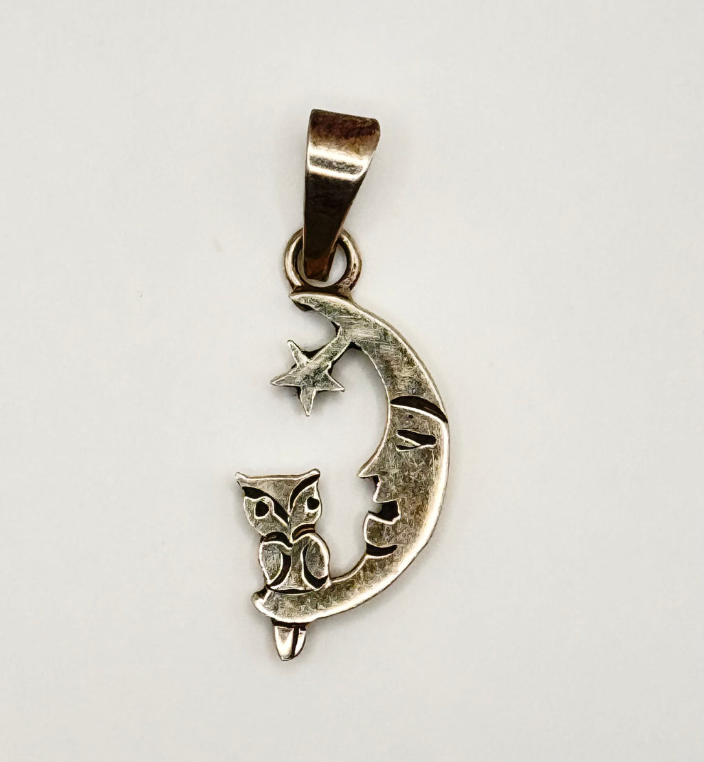 Vintage Taxco Mexico 925 Sterling Silver Moon Owl Star Pendant Celestial Charm
