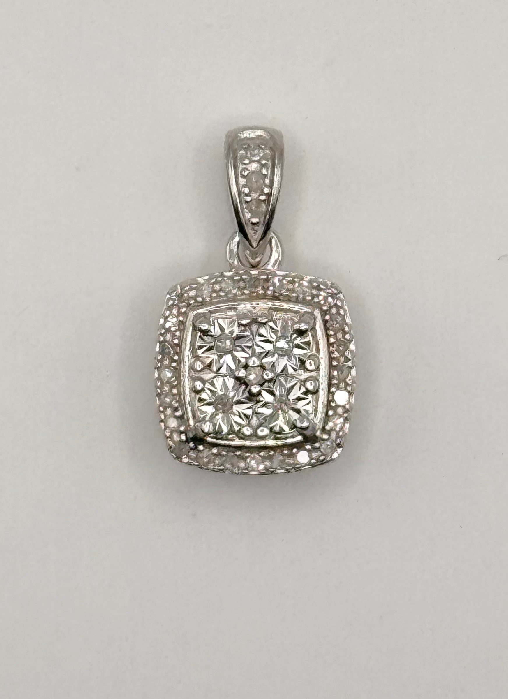 925 Sterling Silver Diamond Cluster Halo Pendant Square Princess Style Charm