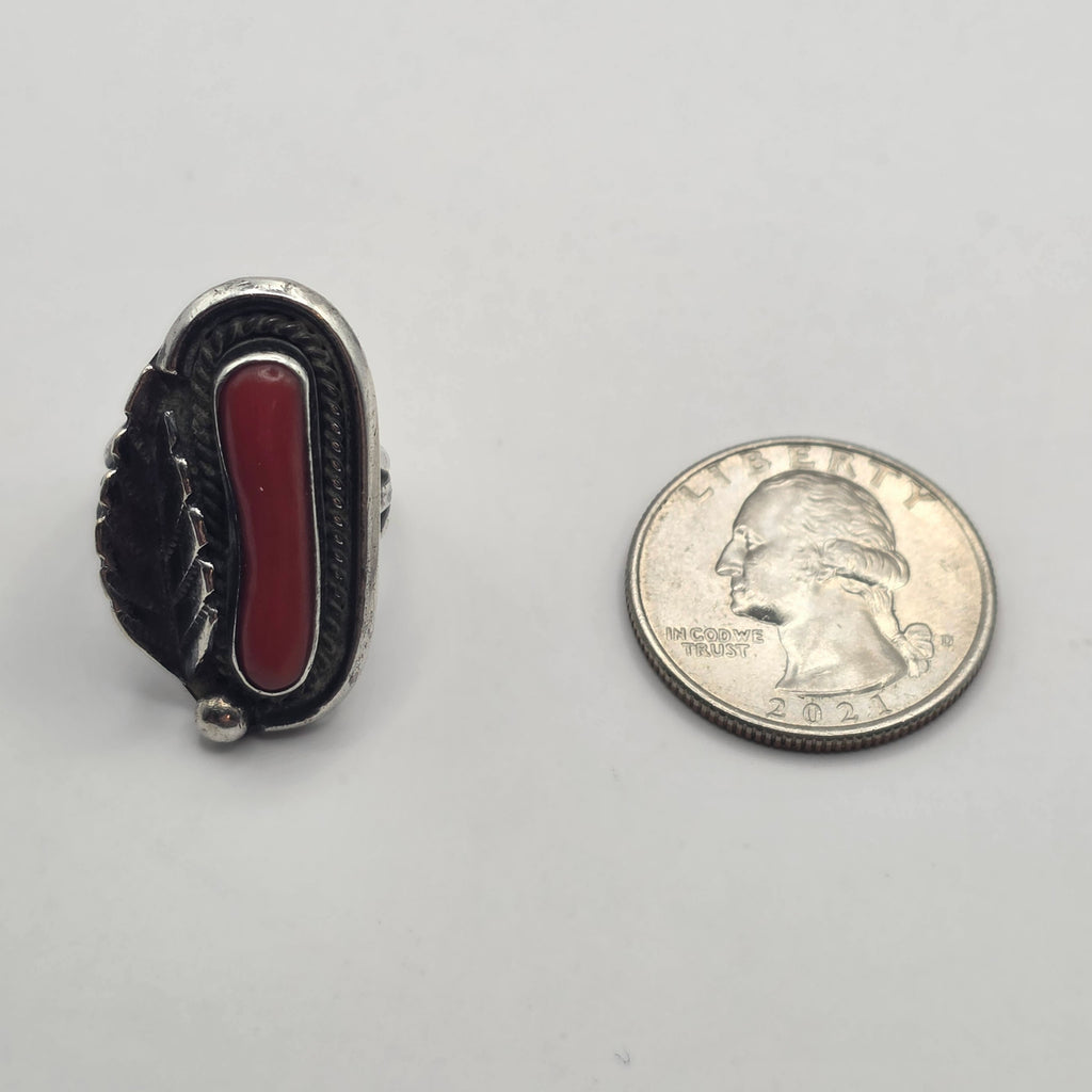 Red Coral Navajo Feather Sterling Silver Ring Size 5