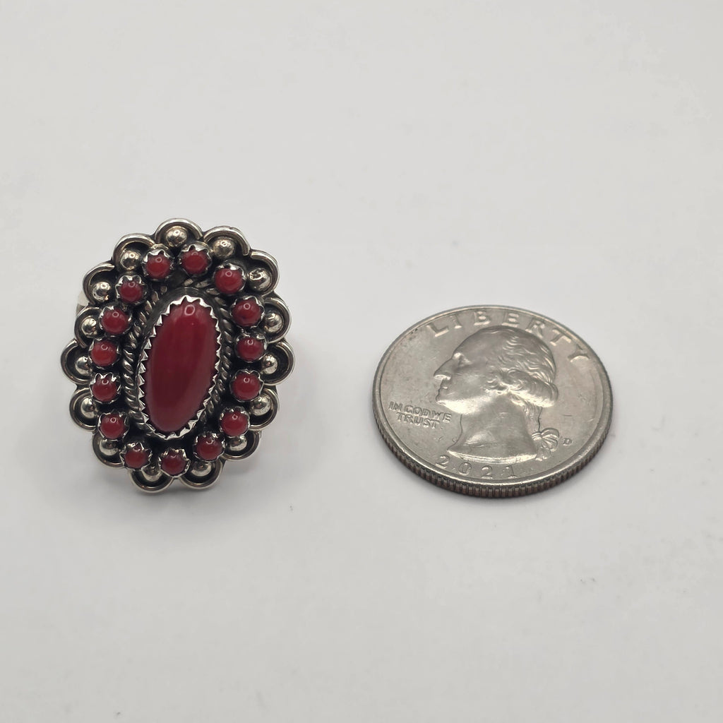 L Begay Red Coral Cluster Native 925 Sterling Silver Navajo Ring