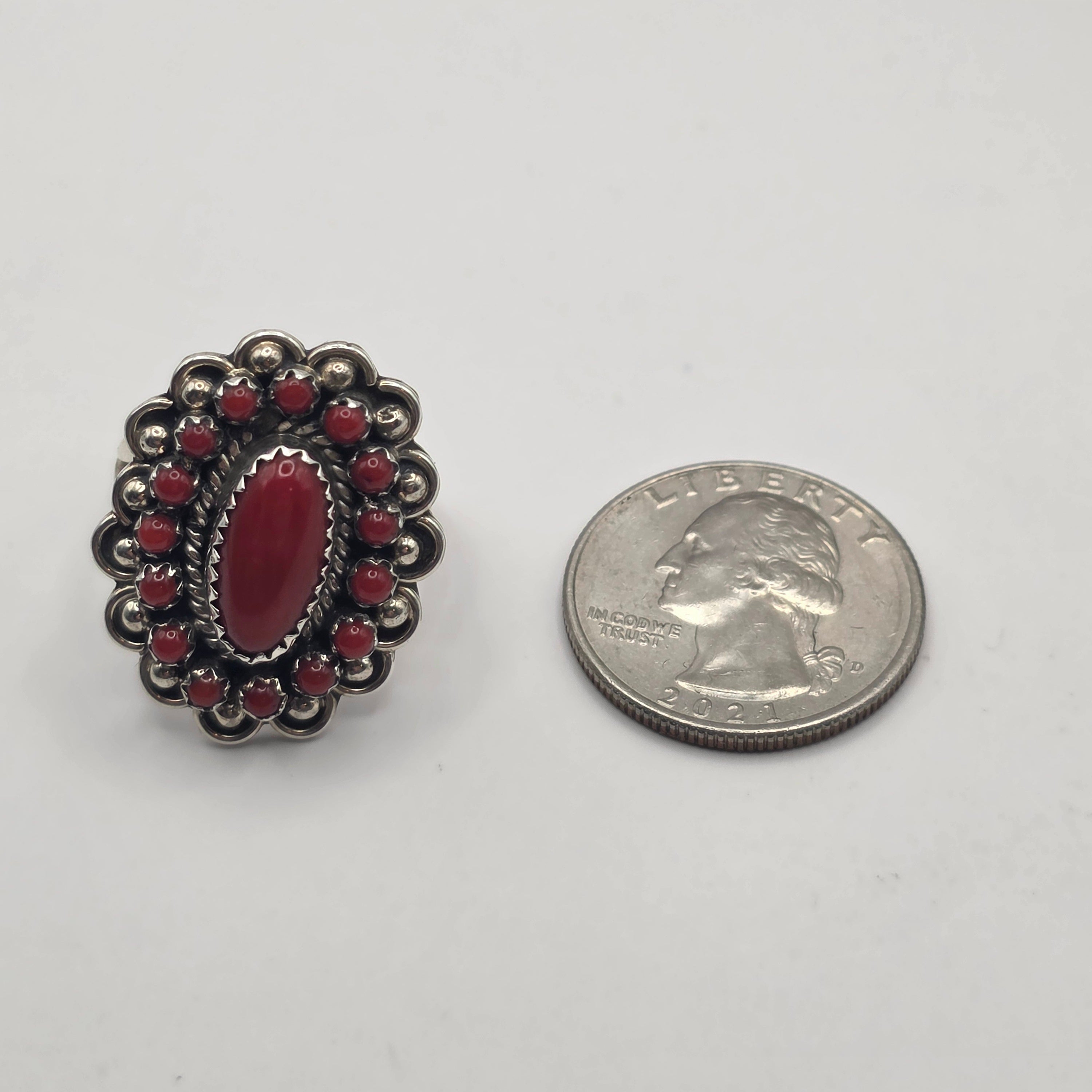 L Begay Red Coral Cluster Native 925 Sterling Silver Navajo Ring