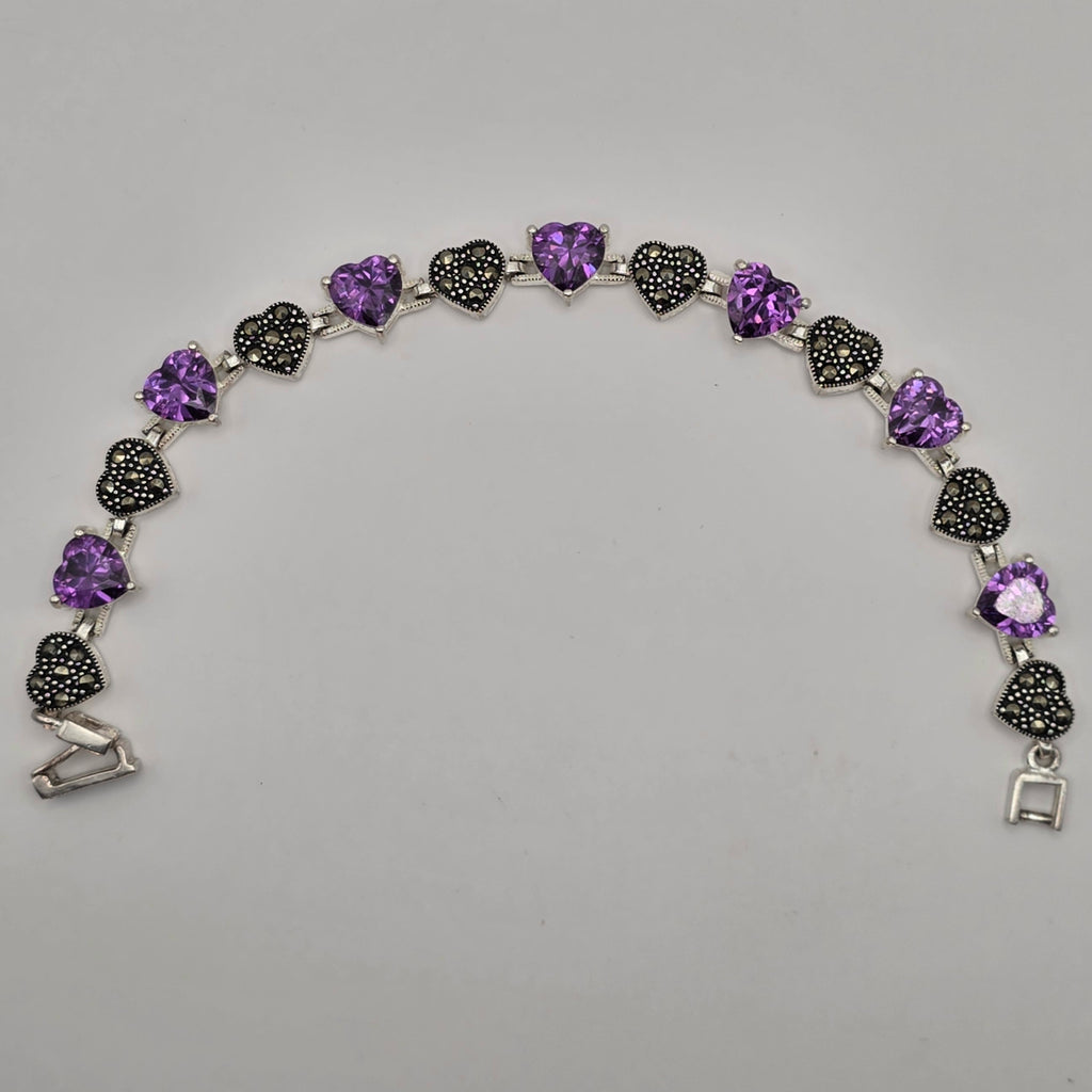 Sterling Silver 925 Purple CZ & Marcasite Heart Tennis Bracelet 7" 18.08g