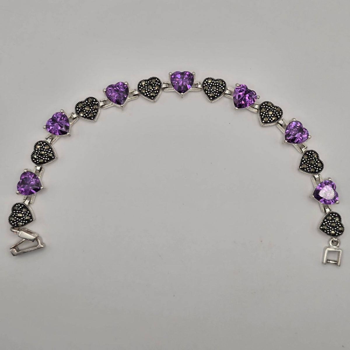 Sterling Silver 925 Purple CZ & Marcasite Heart Tennis Bracelet 7" 18.08g