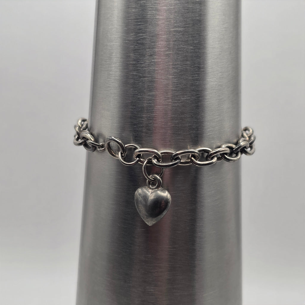 Vintage 925 Sterling Silver Rolo Link Bracelet Puffy Heart Charm 7" 19.32g