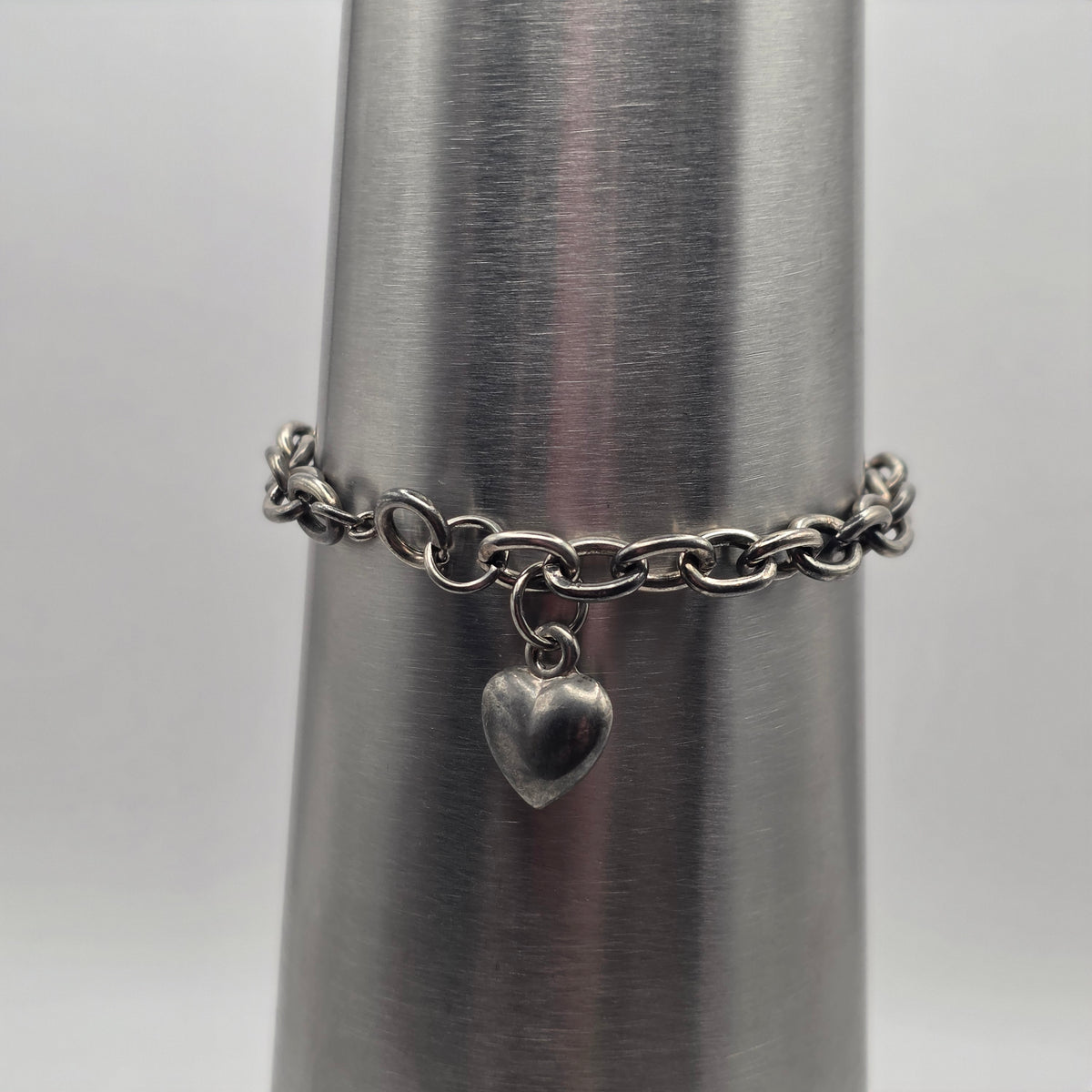 Vintage 925 Sterling Silver Rolo Link Bracelet Puffy Heart Charm 7" 19.32g